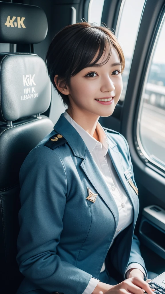 (Elevation)(Stewardess Uniform)Mix 4,Super detailed (8k, RAW Photos, 最high quality, masterpiece: 1.45), (Realistic, Realistic: 1.37), (Ultra-high resolution)(Textured skin)(Very detailed)(high quality)(最high quality)(First Person View)Cute Woman,smile ,airport,short hair