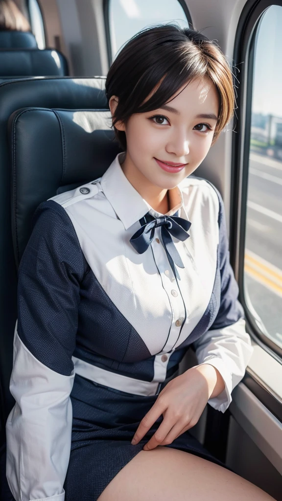 (Elevation)(Stewardess Uniform)Mix 4,Super detailed (8k, RAW Photos, 最high quality, masterpiece: 1.45), (Realistic, Realistic: 1.37), (Ultra-high resolution)(Textured skin)(Very detailed)(high quality)(最high quality)(First Person View)Cute Woman,smile ,airport,short hair
