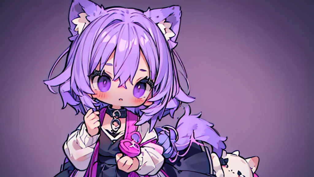 (Masterpiece,Highest quality),(Maximum details),2 girl(,girl),purple short hair,black eyes,Wear a purple sweater,black skirt,full body image, กับ girl อยู่ ในชุดที่ต่างกัน,divided into two sides,Purple cat ears,purple cat tail,cat bell on neck 