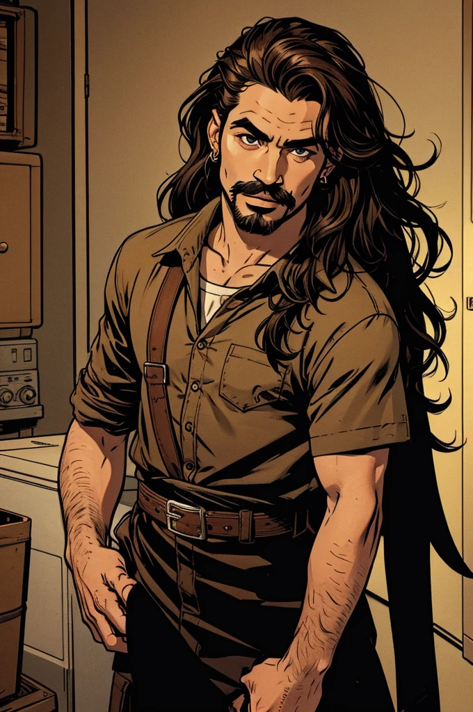 man with straight wavy hair, with a mullet with a mustache and goatee, with brown eyes and an earring in his ear
