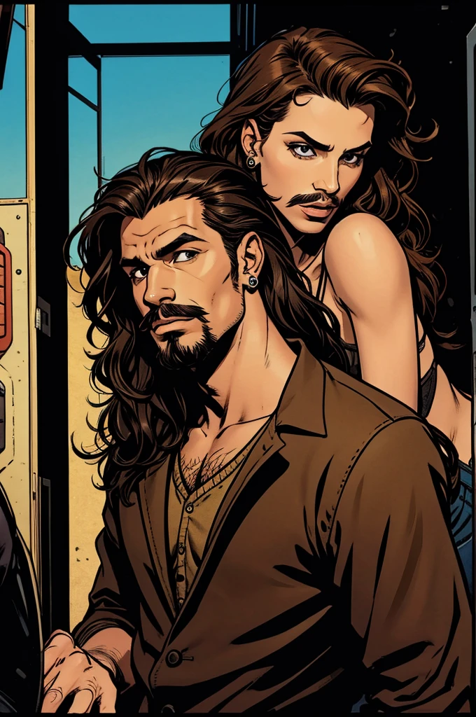 man with straight wavy hair, with a mullet with a mustache and goatee, with brown eyes and an earring in his ear
