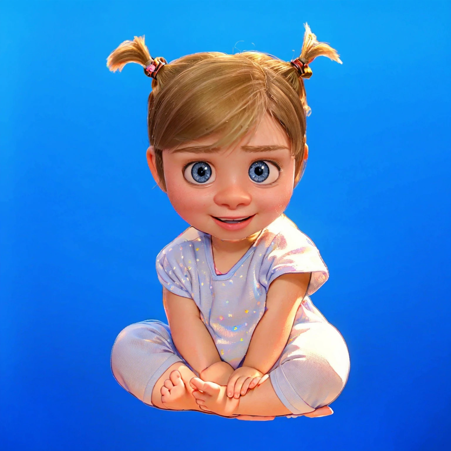 This image features a depiction of Riley Andersen, the young protagonist from the animated movie "Inside Out." The toddler version of Riley here captures her youthful innocence and playful spirit, characterized by her large blue eyes and blonde hair styled in whimsical pigtails. Dressed in a soft blue onesie adorned with stars, Riley exudes curiosity and joy, reflecting her character's bright and lively personality from the film. The vibrant blue background highlights her cheerful disposition and imaginative nature. vibrant contrast to his attire and accessories.аffects render, (glossy plastic texture with multiple big light probe refractions), perfect cgi, smooth silhouette, high intensity refraction, (super glossy plastic material), most beautiful vfx, , realistic, 4k, high resolution, rim light, smooth 3d model, multiple light sources, rim light, sharp post effects render,, realistic, 4k, high resolution, rim light detailed digital art, reflective, best quality, 4k, masterpiece:1.2, ultra-detailed, realistic, vivid colors, The image of the highest quality, ensuring every detail showcased perfectly. It in 4k resolution, allowing viewers to immerse themselves in the richness of the colors and intricate details. The realistic rendering. under the spotlight, reflecting, high-resolution image, realistic rendering