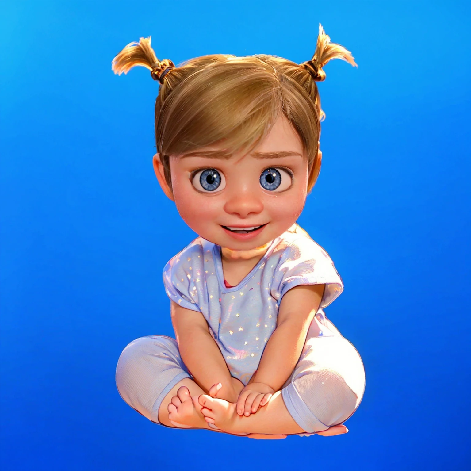 This image features a depiction of Riley Andersen, the young protagonist from the animated movie "Inside Out." The toddler version of Riley here captures her youthful innocence and playful spirit, characterized by her large blue eyes and blonde hair styled in whimsical pigtails. Dressed in a soft blue onesie adorned with stars, Riley exudes curiosity and joy, reflecting her character's bright and lively personality from the film. The vibrant blue background highlights her cheerful disposition and imaginative nature. vibrant contrast to his attire and accessories.аffects render, (glossy plastic texture with multiple big light probe refractions), perfect cgi, smooth silhouette, high intensity refraction, (super glossy plastic material), most beautiful vfx, , realistic, 4k, high resolution, rim light, smooth 3d model, multiple light sources, rim light, sharp post effects render,, realistic, 4k, high resolution, rim light detailed digital art, reflective, best quality, 4k, masterpiece:1.2, ultra-detailed, realistic, vivid colors, The image of the highest quality, ensuring every detail showcased perfectly. It in 4k resolution, allowing viewers to immerse themselves in the richness of the colors and intricate details. The realistic rendering. under the spotlight, reflecting, high-resolution image, realistic rendering