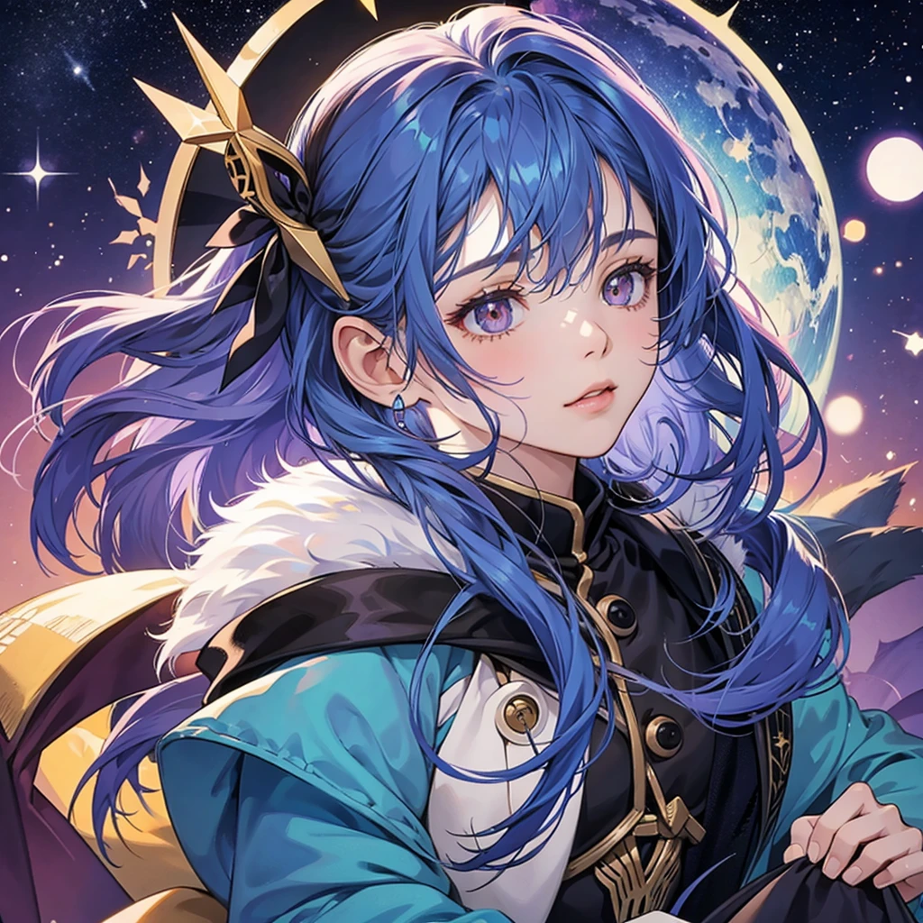 A girl with long blue hair and brown eyes with a star as a pupil, with a purple pet fox
