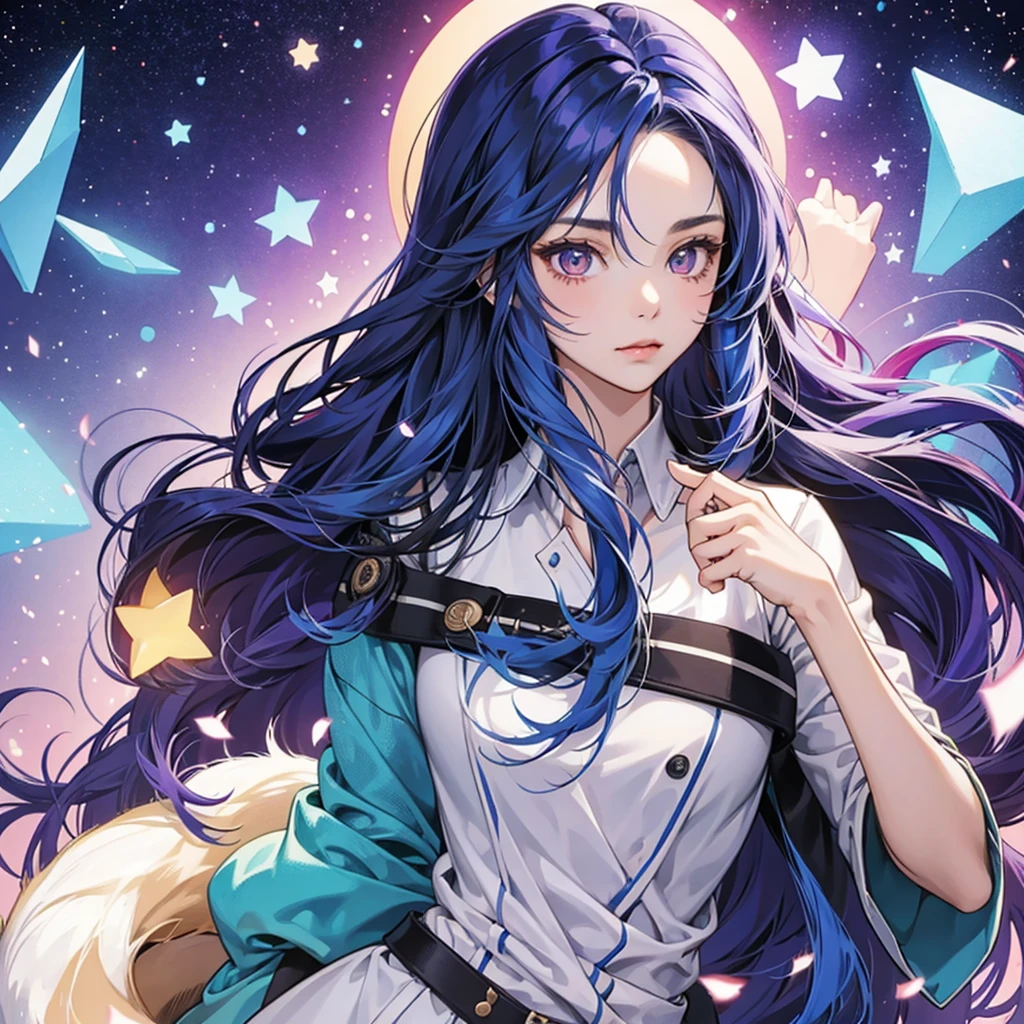 A girl with long blue hair and brown eyes with a star as a pupil, with a purple pet fox