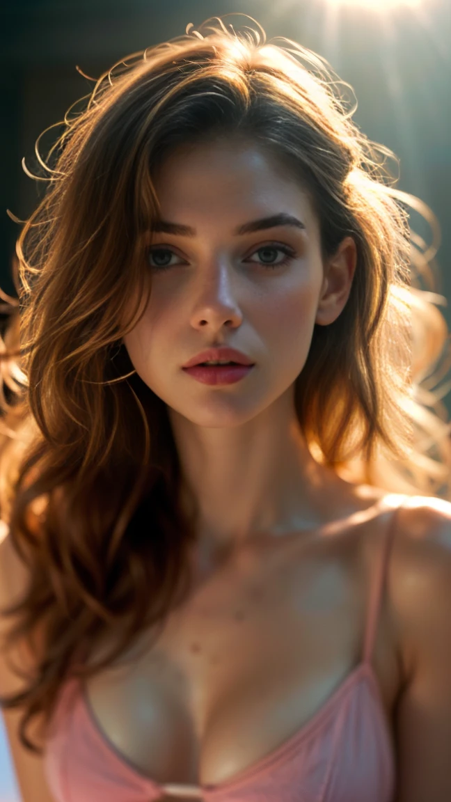 (((ultra realistic))) Photo, masterpiece, top quality, (pale skin), (Ultra detailed face and eyes:1.3), 1 girl, Adult, in a T-shirt, full body, (Eye makeup, mascara) , ((large detailed lips)), ((ash wavy hair)), ((Chyolka)) , (Natural breasts), Slim waist. ((Posing)), photoshoot, studio (soft lighting), (The play of light and shadows), depth of field, bokeh, (special attention to skin detail: 1.2), Detailed leather texture, skin pores. (Airy atmosphere of the frame. Color range - delicate, Bright, white, Pink tones), UDR, ((Film grain)), ((rays)), ((glare of the sun)), ((waist up portrait, close to the camera)) , ultra detialed, pink bikini top, short tennis skirt
