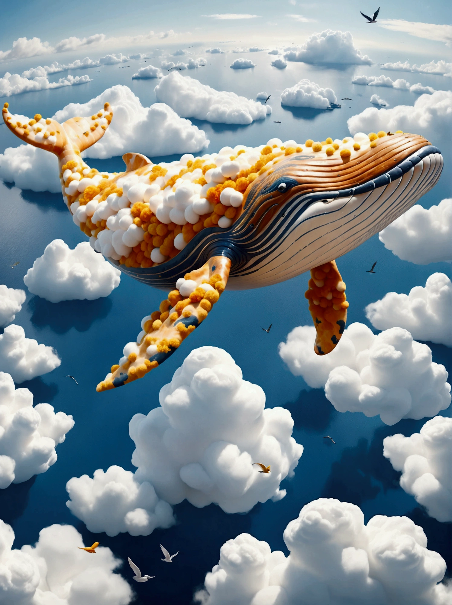 (((A colossal whale made of marshmallow-like white clouds))), (((whale's body entirely covered in fluffy white clouds))), (((soaring through the sky))), dreamy world, flying in the sky, iron towers on the ground, (bird's-eye view:1.3), (best quality, 8k, highres, masterpiece:1.2), ultra-detailed, (photo-realistic:1.4), sharp focus, vivid colors, ethereal atmosphere, soft lighting, magical, surreal