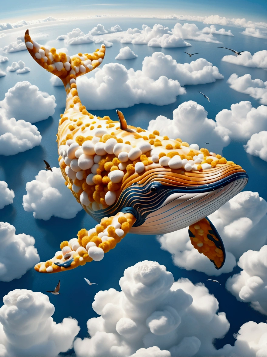 (((A colossal whale made of marshmallow-like white clouds))), (((whale's body entirely covered in fluffy white clouds))), (((soaring through the sky))), dreamy world, flying in the sky, iron towers on the ground, (bird's-eye view:1.3), (best quality, 8k, highres, masterpiece:1.2), ultra-detailed, (photo-realistic:1.4), sharp focus, vivid colors, ethereal atmosphere, soft lighting, magical, surreal