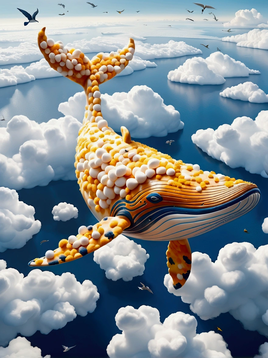 (((A colossal whale made of marshmallow-like white clouds))), (((whale's body entirely covered in fluffy white clouds))), (((soaring through the sky))), dreamy world, flying in the sky, iron towers on the ground, (bird's-eye view:1.3), (best quality, 8k, highres, masterpiece:1.2), ultra-detailed, (photo-realistic:1.4), sharp focus, vivid colors, ethereal atmosphere, soft lighting, magical, surreal