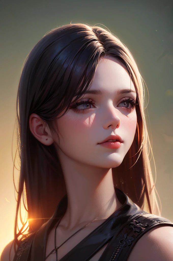 Portrait of a pretty woman in a bright and windy field, river, (Backlight), Realistic, masterpiece, Highest quality, Lens flare, shade, bloom, [[chromatic aberration]], Jeremy Lipking, Antonio J.. Manzanado, Digital Painting, Style - Glass Final, Natural skin texture