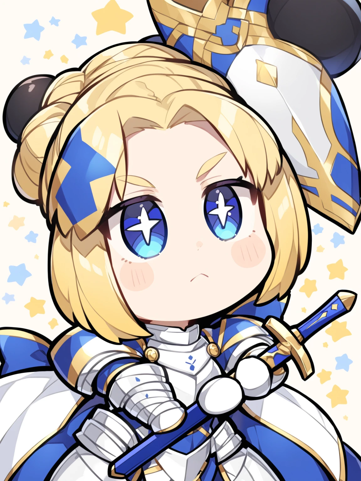 {{{kame (kamepan44231), no humans, chibi, jitome, fumo (doll)}}}, portrait,1girl, solo ,Draw a chibi version of Saber from Fate/stay night. She should have her iconic blue and white armor, with her golden hair tied up in a bun and a few loose strands framing her face. Her large, expressive eyes should convey a determined yet cute expression. She should be holding Excalibur, which is almost as big as she is, and her small figure should be in a dynamic pose, ready for battle. Add some playful details, like tiny, star-shaped sparkles around her and a slightly oversized head for that classic chibi look."