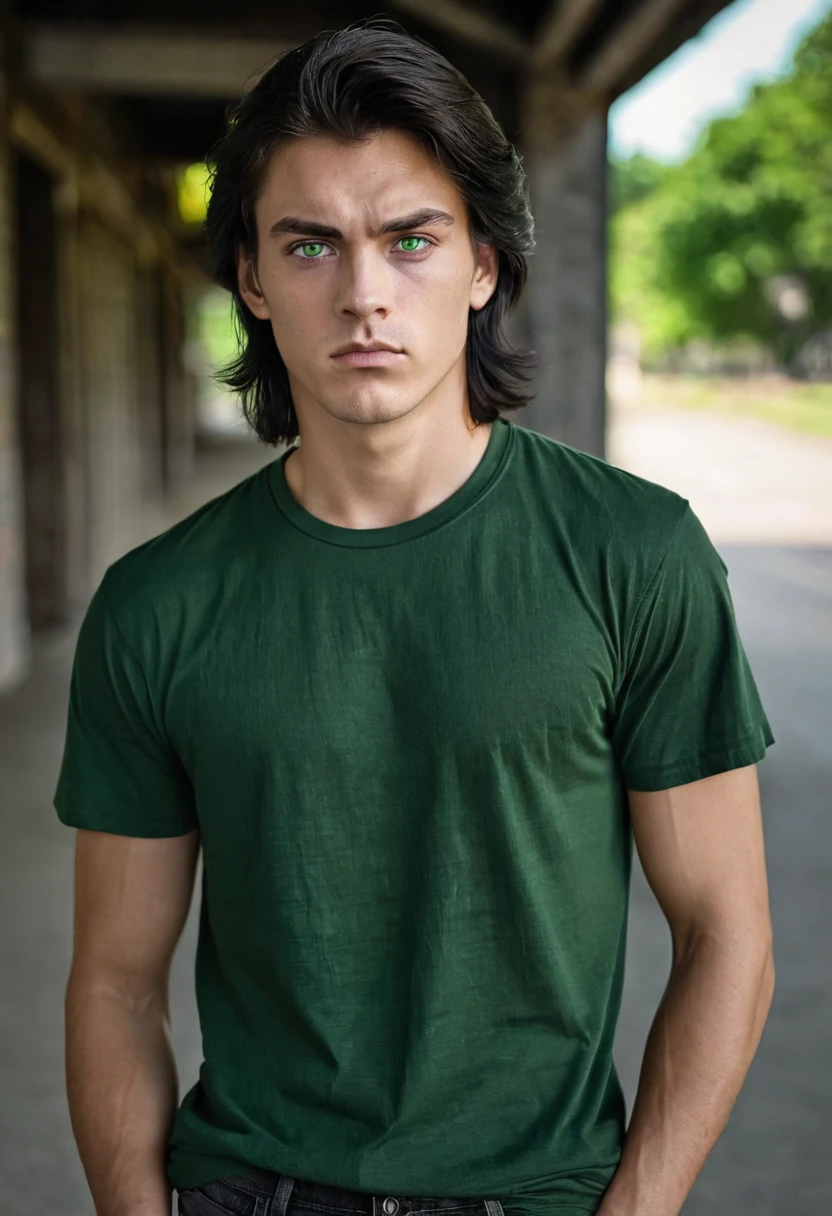 young guy, 20 years, dark hair, athletic build, black T-shirt, green jeans, grey eyes, mysterious, serious face, full length