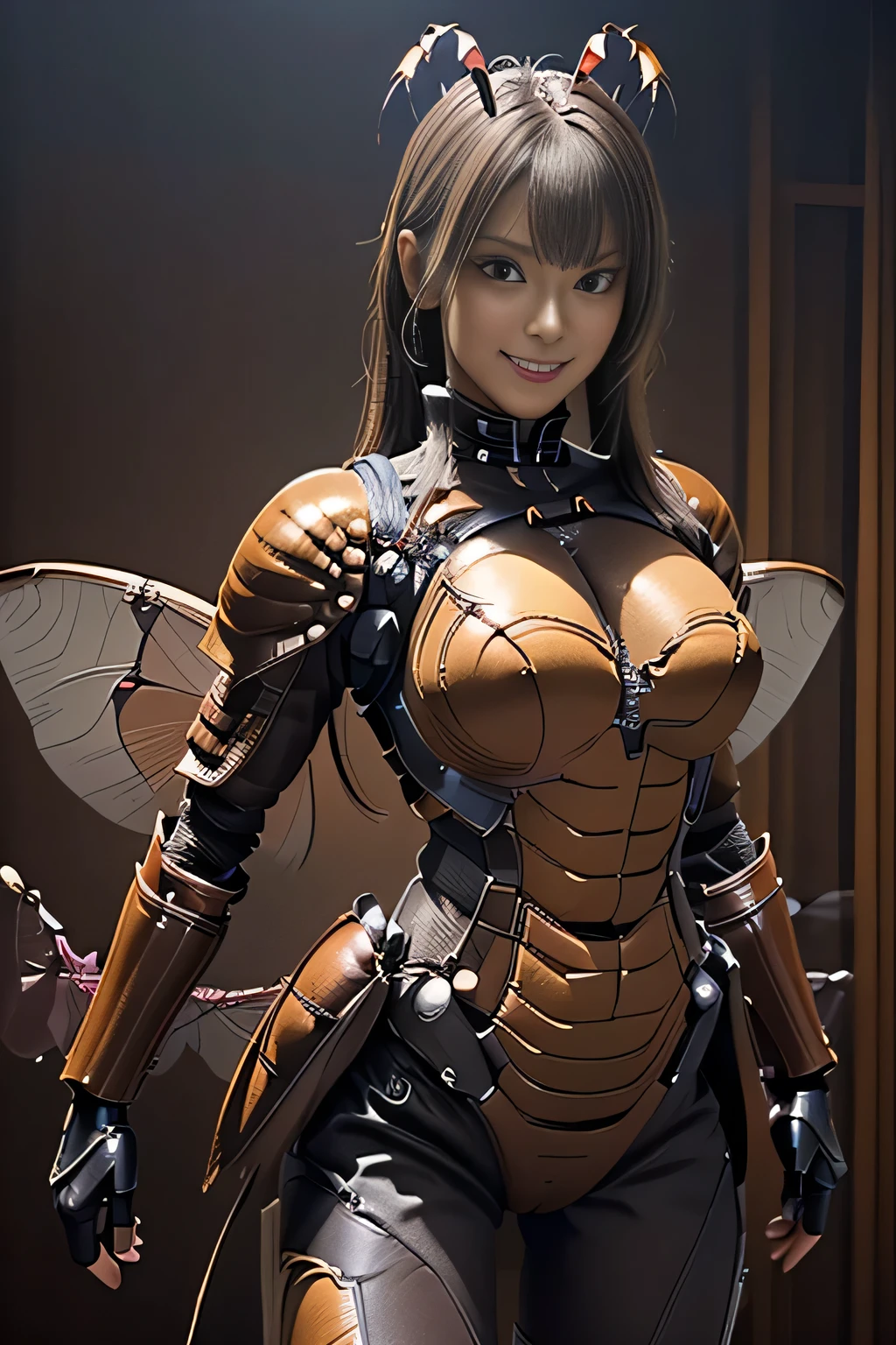 (high resolution,masterpiece,best quality,extremely detailed CG, anime, official art:1.4), realistic, photo, amazing fine details, all intricate, gloss and shiny,awesome many layers, 8k wall paper, 3d, sketch, kawaii, illustration,( solo:1.4), perfect female proportion,villainess, (fusion of dark brown cockroach and lady:1.4), (brown cockroach form lady:1.2), (brown cockroach lady:1.2), (fusion:1.2), (solo:1.4), (evil smile:1.2), muscular, abs, (cockroach brown exoskeleton bio insect suit:1.4), (cockroach brown exoskeleton bio insect armor:1.2), (brown transparency cockroach wing:1.4), (brown cockroach antennae:1.3),