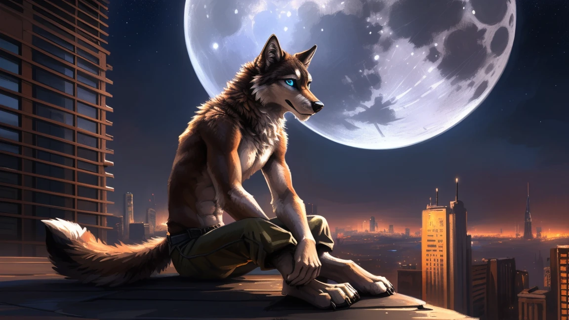 ((Solo)), male people, anthro wolf, (Multi-colored fur, White-brown:1.3), ((Wolf face, Big eyes, White eyelids, Blue pupil, Slim:1.2) (Tough, Calm expression:1.2)), (Height 2.1 meters,Tail length 1.5m), Abs, Slim, pinging, (Correct anatomy), (Contour bone:1.2), The upper body is naked, (detailed outfits), a long large tail,Feet,(Realistic fur, Detailed fur texture, labeled:1.3)), (Natural lighting), Photorealistic, Hyperrealistic, ultradetailed, by Kenket,In the modern city,Roof,the night,Sit alone,Look at the full moon,It was dark,Starry