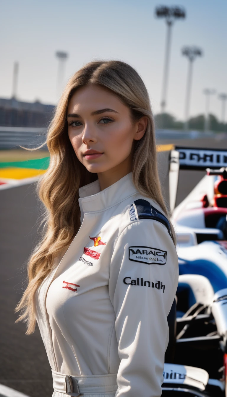 racer jumpsuit, ((white shirt)), formula 1 pilot, (full body, ultra-detailed),standing next to a formula 1 racing car, in front of the camera, ((perfect eyes, detailed eyes,realistic eyes)), (masterpiece, best quality, ultra-detailed, best shadow), high contrast, (best illumination), ((cinematic light)), colorful, hyper detail, dramatic light, intricate details, (1 girl, solo) , ultra detailed artistic photography, dreamy, backlit, shadows, ultra high definition, 8k, ultra sharp focus, ultra high quality model, soft lighting, film photography, analogue photography, hyperrealism,, ((sharp face, detailed face, realistic face, naturtal skin, realistic skin, detailed skin, pores)), large breast, 25 years old very beautiful american girl, long straight blonde hair