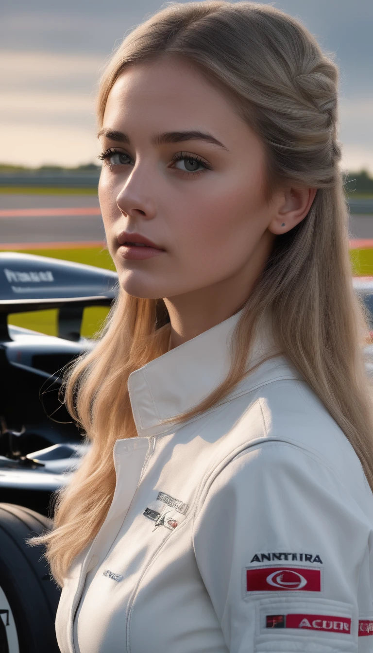 racer jumpsuit, ((white shirt)), formula 1 pilot, (full body, ultra-detailed),standing next to a formula 1 racing car, in front of the camera, ((perfect eyes, detailed eyes,realistic eyes)), (masterpiece, best quality, ultra-detailed, best shadow), high contrast, (best illumination), ((cinematic light)), colorful, hyper detail, dramatic light, intricate details, (1 girl, solo) , ultra detailed artistic photography, dreamy, backlit, shadows, ultra high definition, 8k, ultra sharp focus, ultra high quality model, soft lighting, film photography, analogue photography, hyperrealism,, ((sharp face, detailed face, realistic face, naturtal skin, realistic skin, detailed skin, pores)), large breast, 25 years old very beautiful american girl, long straight blonde hair