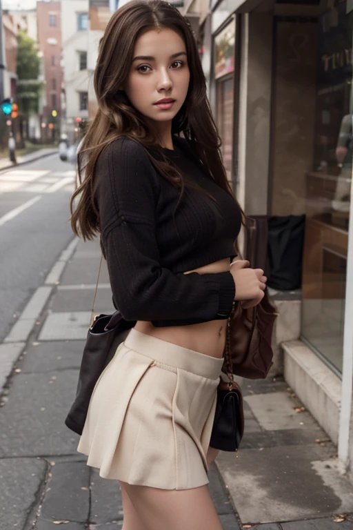 Russian women, loose sweater, pleated skirt, bag, long hair, realistic, looking at viewer, street, solo focus, outdoors, brown hair, midriff, road, sexy dress, crop top, brown eyes, short skirt, lips,shoes, storefront, standing, blond hair, ,UHD,(photorealistic:1.4),NSFW