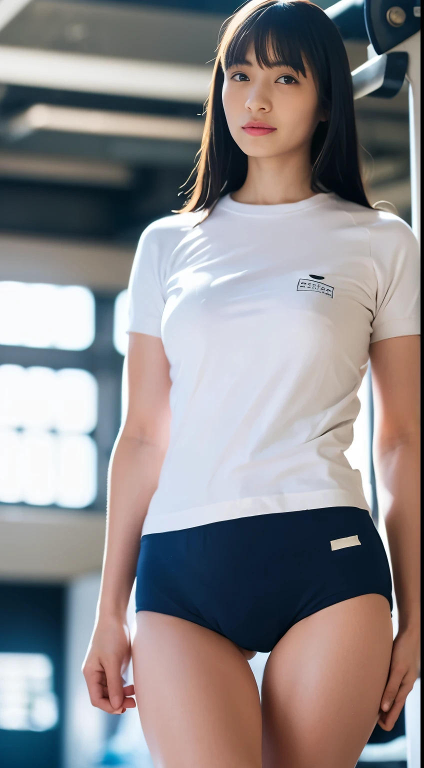 alone、high school girl、White skin、Natural Makeup、Black Hair、bangs、Straight Long Hair、(((White short-sleeved T-shirt on the upper body)))、(((Long white gym clothes)))、(((Very tight bloomerid rise bloomers)))、(((Navy Bloomer)))、(((Tuck the bottom of your gym clothes into your bloomers)))、Big Breasts、Big Ass、(((Schoolyard)))、(((Realistic fingers)))、(((Realistic Style)))、((Perfect figure))、(((upright)))