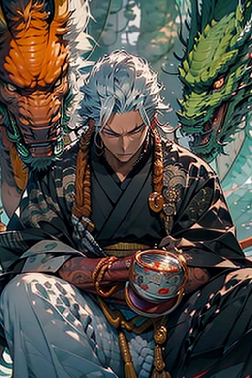 detailed portrait of a muscular man with long white hair, yellow eyes, red eyeliner, wearing a black and red kimono, with dragon tattoos, holding a monk's staff, in a monk's pose, dark fire energy around fist