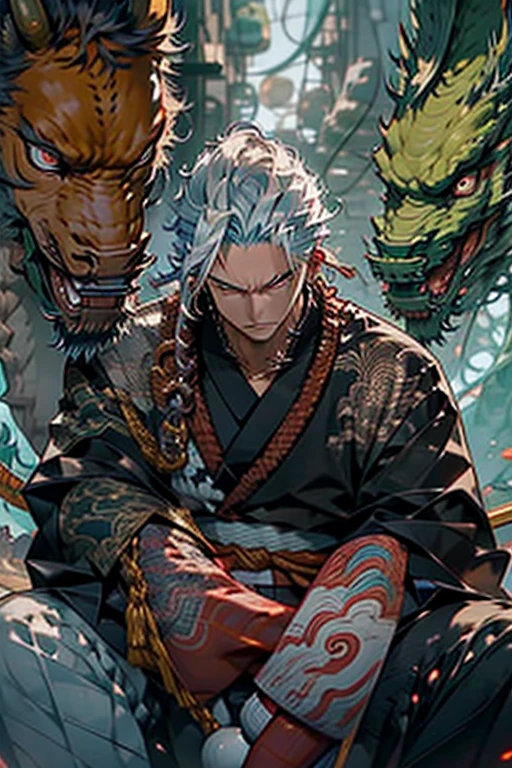 detailed portrait of a muscular man with long white hair, yellow eyes, red eyeliner, wearing a black and red kimono, with dragon tattoos, holding a monk's staff, in a monk's pose, dark fire energy around fist