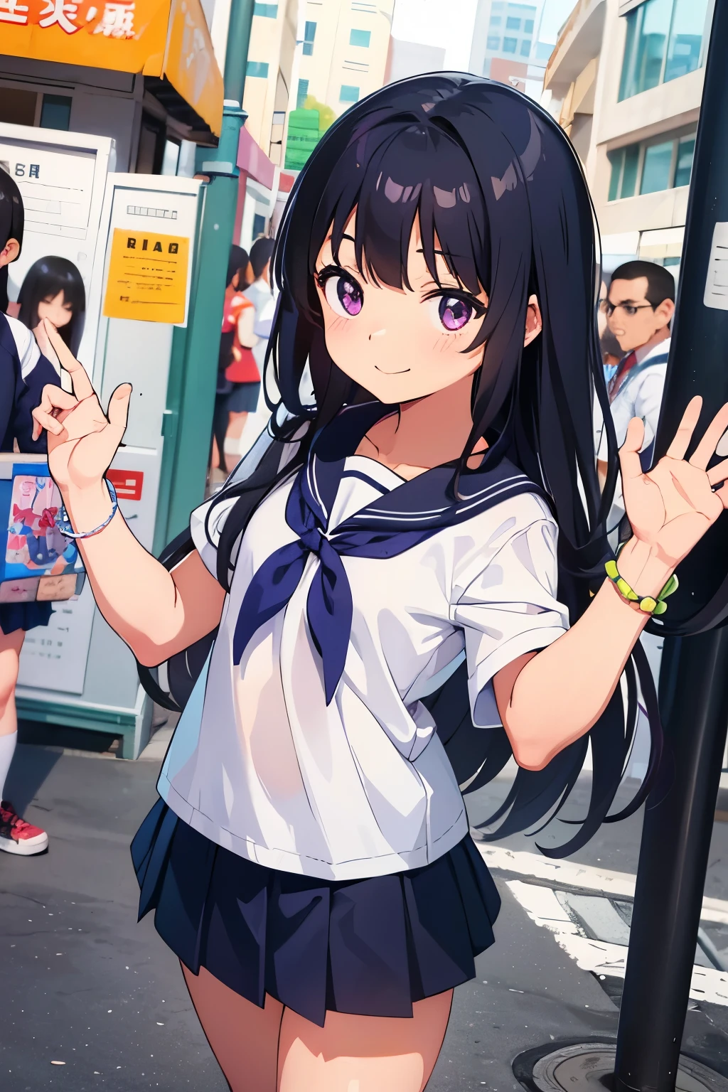 , 8 years old, toddler　Fblack hair, lr, purple eyes 　smile　People around　 White upper body, short-sleeved sailor uniform　Navy blue mini skirt　White panties　（（I can see her panties））　White socks　sneakers　Shrine festival　Lined with food stalls　Are standing　 Dynamic Angle　Low - Angle