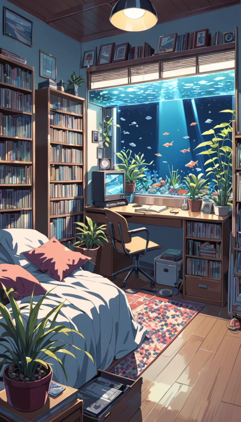 ((anime:1.4,illustration)),(masterpiece, top quality, best quality),(ultra-detailed, absolutely resolution),((16k, high res)). BREAK {lofi art, style of Laurie Greasley, style of Makoto Shinkai, anime aesthetic}, BREAK {There is an small aquarium and houseplants in the room, no humans、books、Lots of CDs}, night