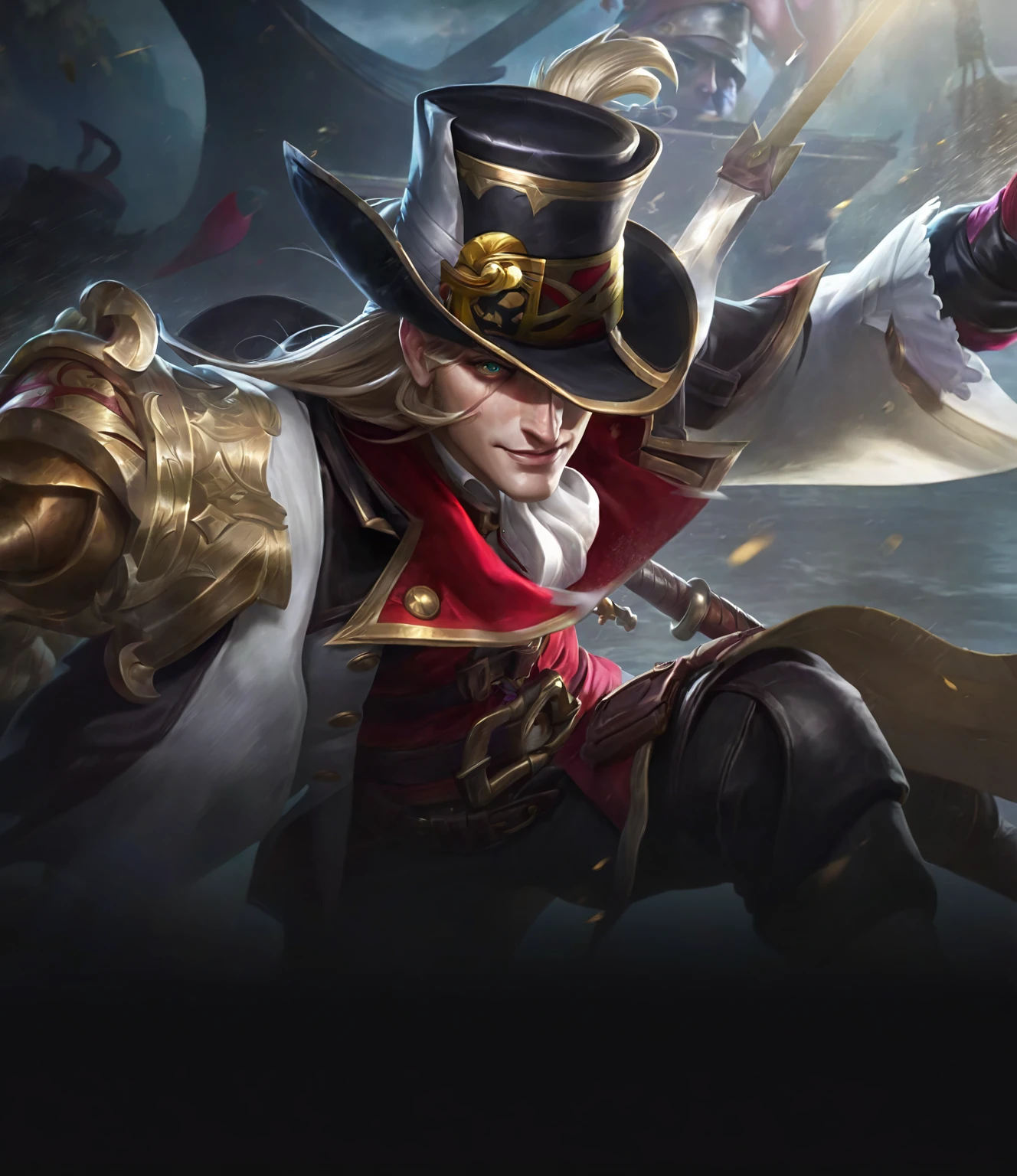 a close up of a person with a hat and a sword, official splash art, alucard, splash art, iconic character splash art, mobile legends, mobile wallpaper, character splash art, swashbuckler class pirate, wallpaper splash art promo art, casimir art, trending wallpaper, tane skin, league of legends character, barret frymire, ashe