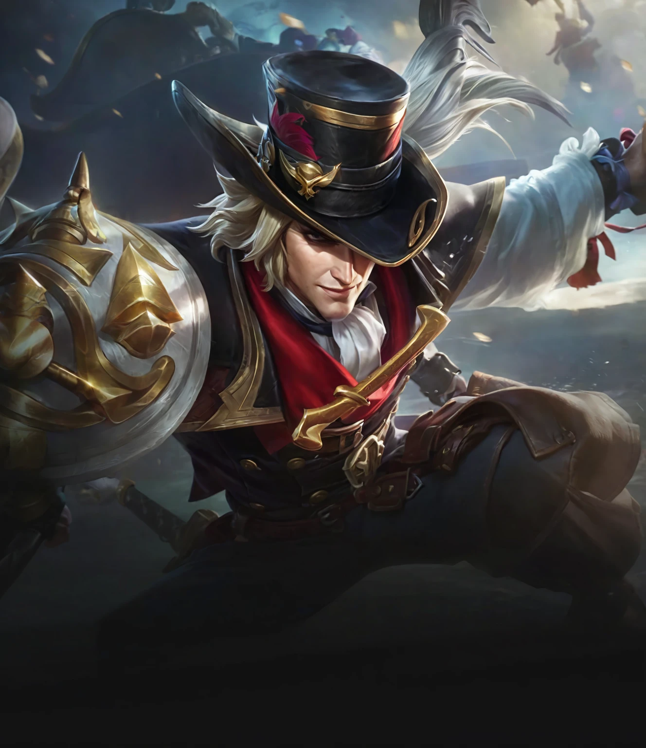 a close up of a person with a hat and a sword, official splash art, alucard, splash art, iconic character splash art, mobile legends, mobile wallpaper, character splash art, swashbuckler class pirate, wallpaper splash art promo art, casimir art, trending wallpaper, tane skin, league of legends character, barret frymire, ashe
