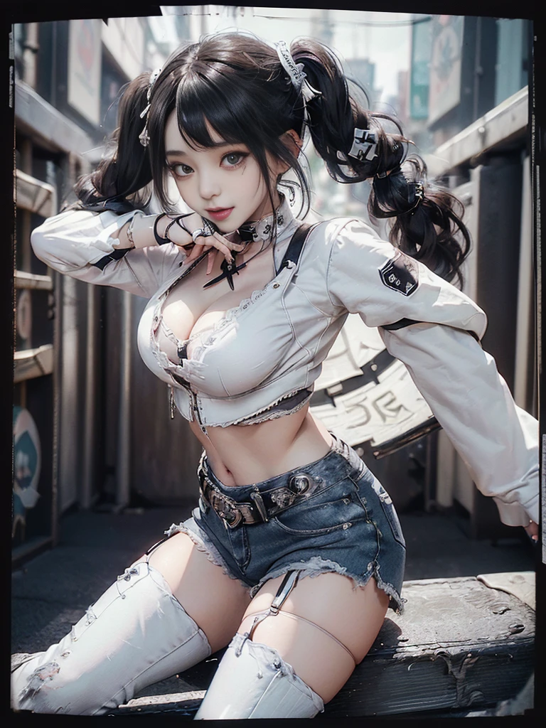 (whole body:1.4)、(Smiling with teeth showing:1.3),(Shibuya Gal:1.5)、(Hollywood actress:1.4)、(Gothic Fashion:1.5)、(Punk rock visual kei:1.3)、(Futuristic black baby doll, white and denim:1.5)、(White denim and a delicate beige and white biker jacket:1.5)、(denim garter belt:1.5)、(Denim and white cargo pants:1.3)、(Heart-shaped silver accessories:1.5)、(Brown Skin Belt:1.4)、(Blue High Heels:1.4)、(Lace underwear:1.4)、20-year-old、Browsing Caution,((Highest quality、In 8K、masterpiece:1.3))、Sharp focus:1.2、(Layered Cut、Beautiful boobs:1.1),Beautiful woman with perfect figure:1.4、(Doing an aerobics pose:1.3)、Slim Abs:1.2、Butt、Highly detailed face and skin texture、Fine grain、double eyelid,(Twin tails:1.3)、(Black brown hair:1.3)、Obscene、Idol Sculpture、(The background is the gorgeous Academy Awards red carpet:1.3)、(Slimming your legs:1.4)、(Thin thighs:1.4)、(The body is slim:1.3)、(clavicle:1.1)