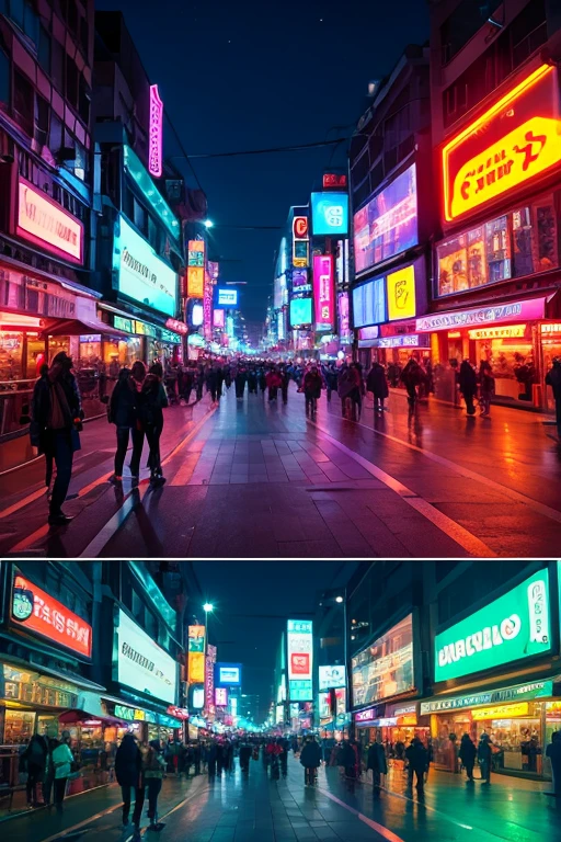 Generate an image of a vibrant city street at night, illuminated by neon lights, with a 9:16 aspect ratio. People are starting to gather, and the atmosphere is building with anticipation.