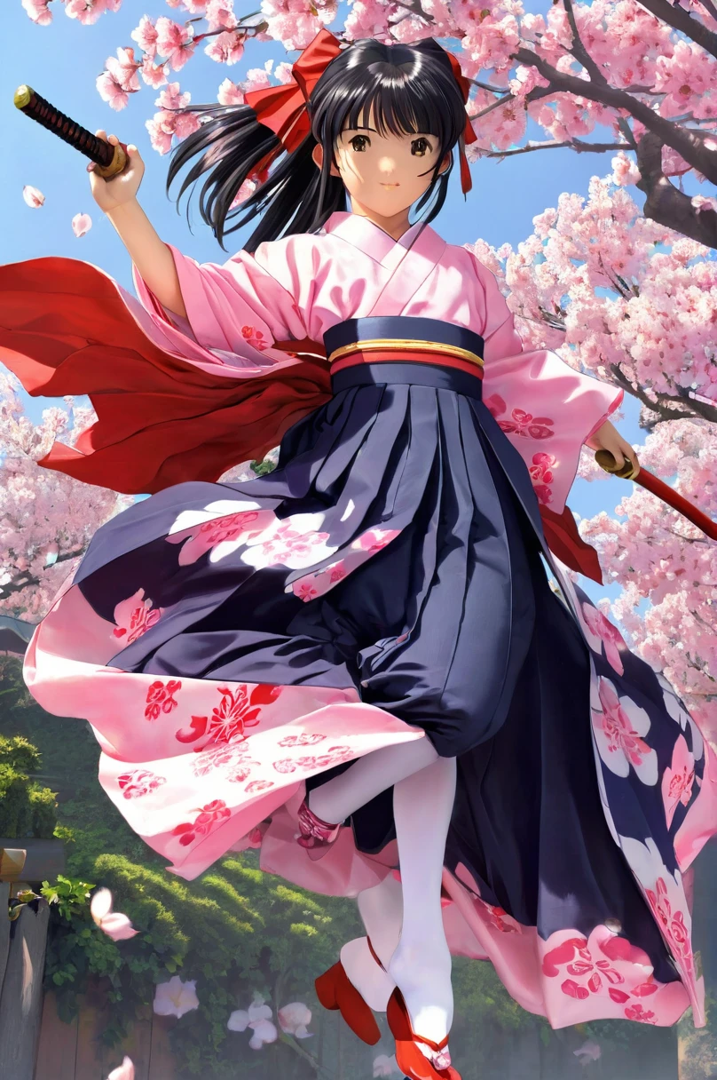  girl underwear, Sakura Shinguji、Realistic bloomers made from patterned cotton fabric, Japanese clothing and hakama, Fabric Realism, Low - Angle, I see bloomers, Pull up the dress by hand, Strong winds, Translucent slip, Translucent slip, tights, Highest quality,  whole body、Black Hair、Holding a sword、Big ribbon in hair