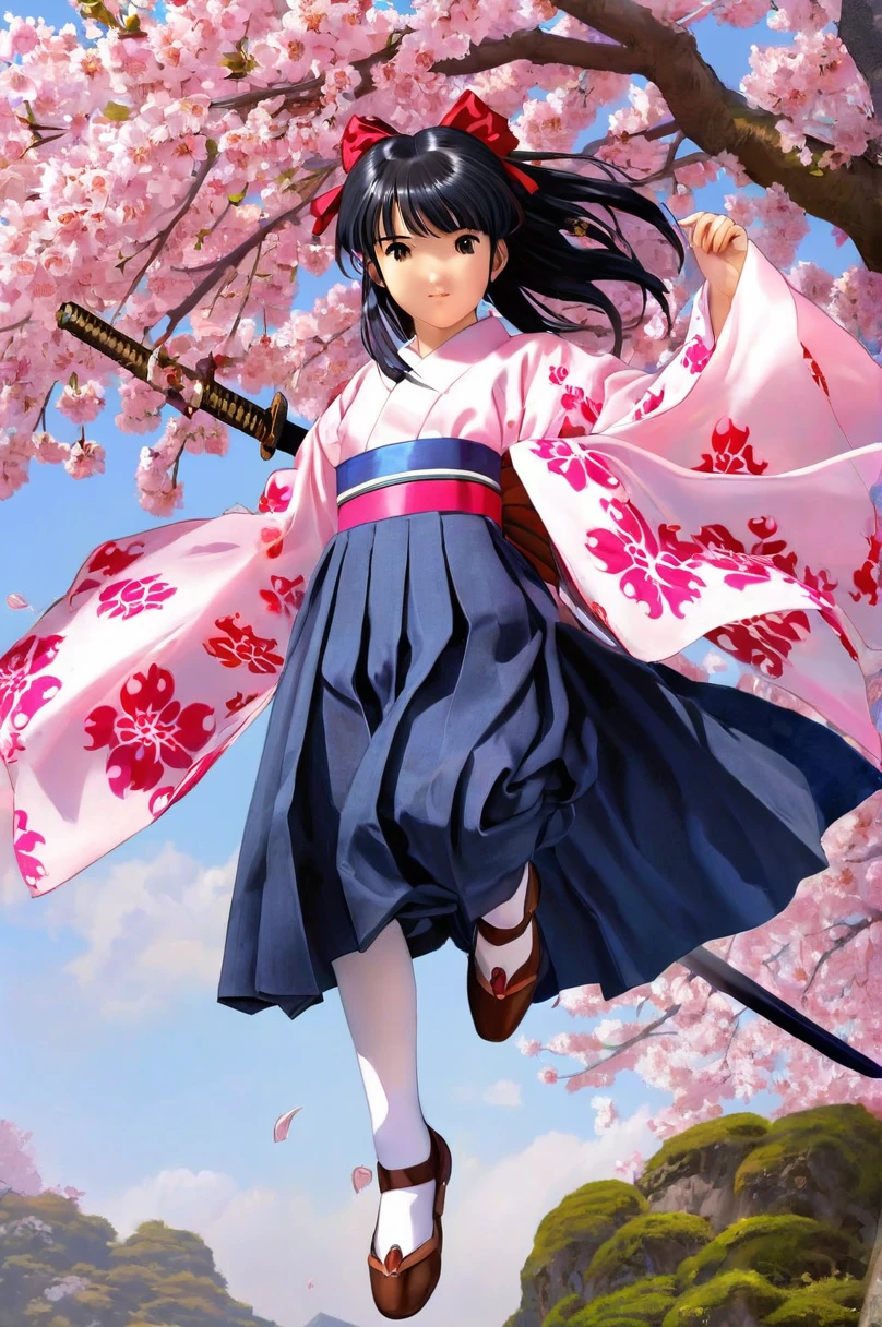 10 year old girl underwear, Sakura Shinguji、Realistic bloomers made from patterned cotton fabric, Japanese clothing and hakama, Fabric Realism, Low - Angle, I see bloomers, Pull up the dress by hand, Strong winds, Translucent slip, Translucent slip, tights, Highest quality,  whole body、Black Hair、Holding a sword、Big ribbon in hair