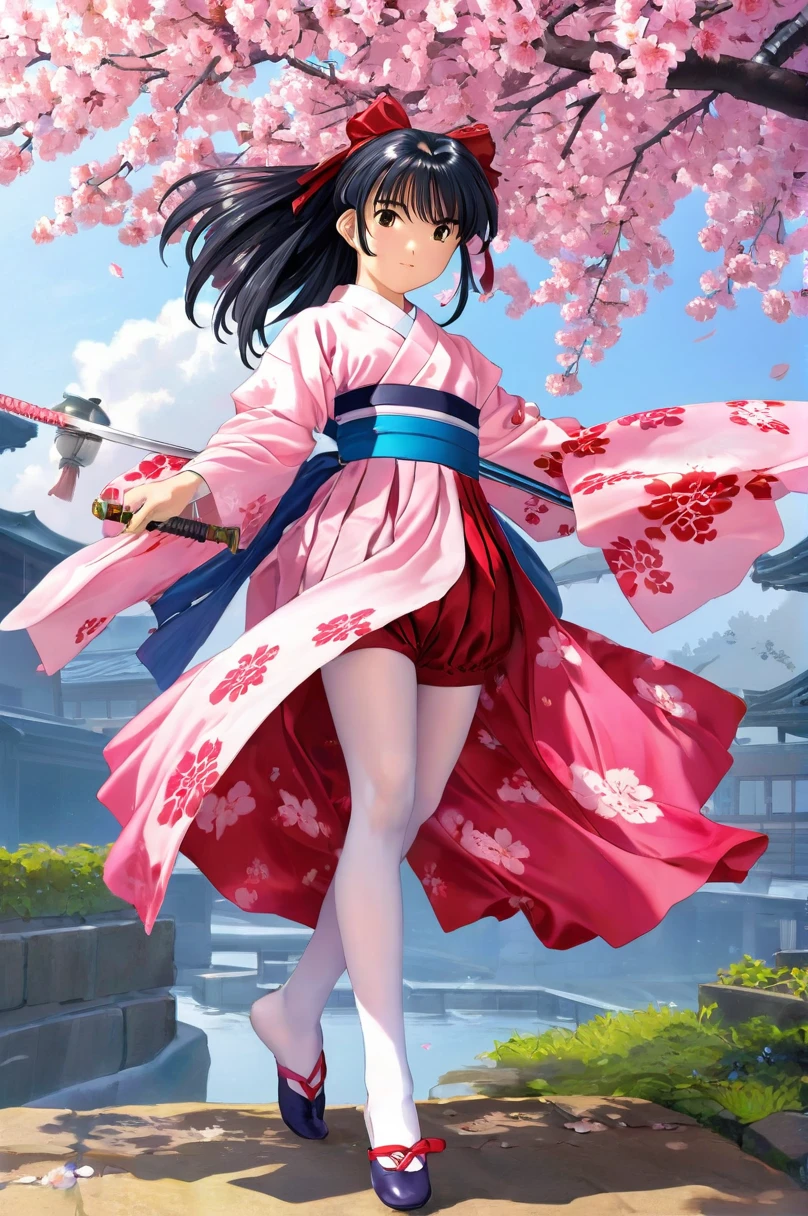 10 year old girl underwear, Sakura Shinguji、Realistic bloomers made from patterned cotton fabric, Japanese clothing and hakama, Fabric Realism, Low - Angle, I see bloomers, Pull up the dress by hand, Strong winds, Translucent slip, Translucent slip, tights, Highest quality, whole body、Black Hair、Holding a sword、Big ribbon in hair