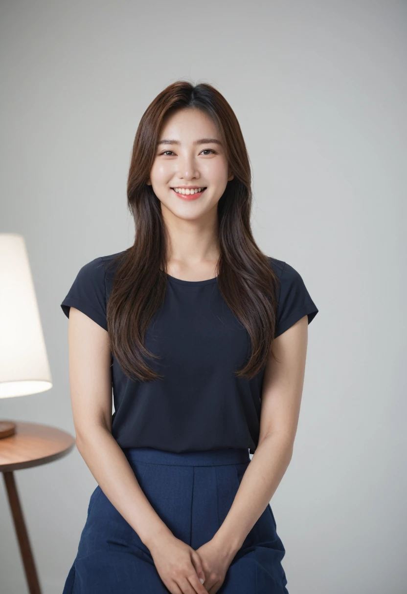 Best Quality, 8k, Masterpiece, (Portrait: 1.3), (photo realistic:1.4), (hyper realistic:1.4), Sharp Focus, looking at viewer, (smoother lighting:1.1), (increase cinematic lighting quality:0.9), realistic lighting, backlighting, light on face, ray trace, (brightening light:1.2), (Increase quality:1.4), sharp detail, (best quality real texture skin:1.4), finely detailed eyes, black_eyes, finely detailed face, 25 year old Korean woman,smiling_face