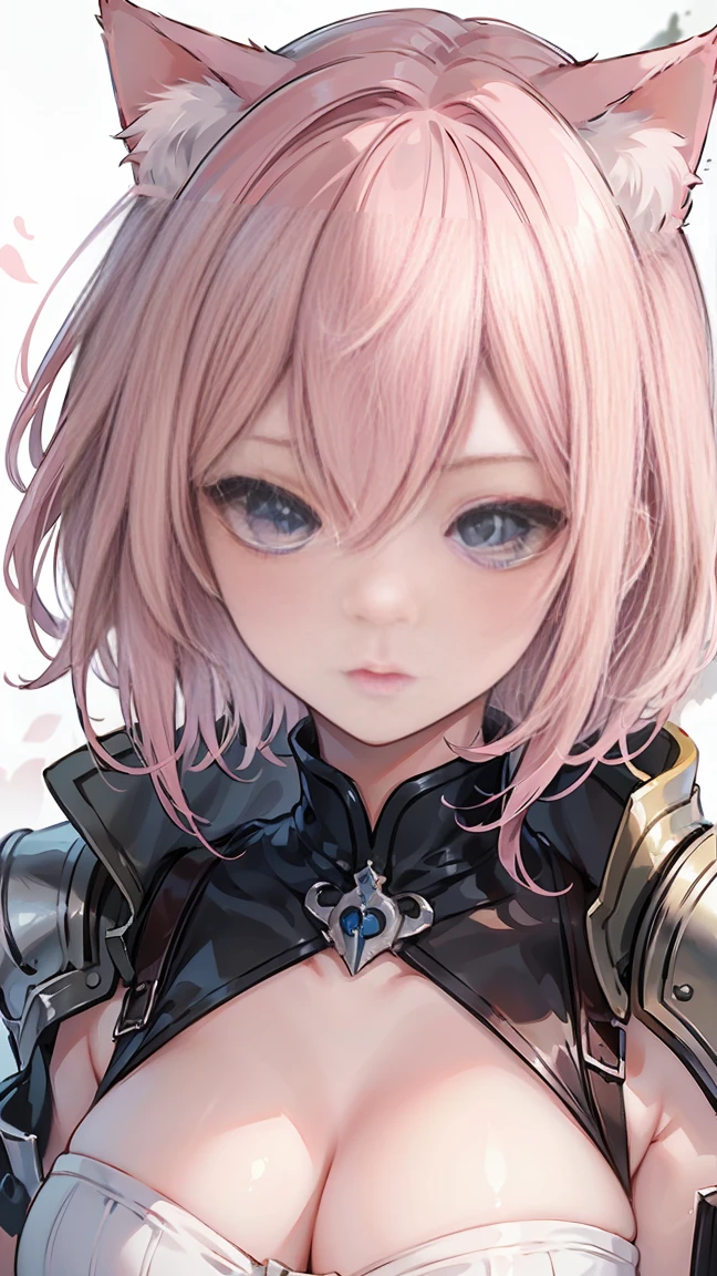 ((masterpiece)), ((best quality)), (portrait of beautiful girl), perfect detailed eyes, perfect detailed face, ultra-detailed nose, pink hair, short hair, messy hair, Armor, cleavage, shoulder pads, Cat ears headband, cowboy shot