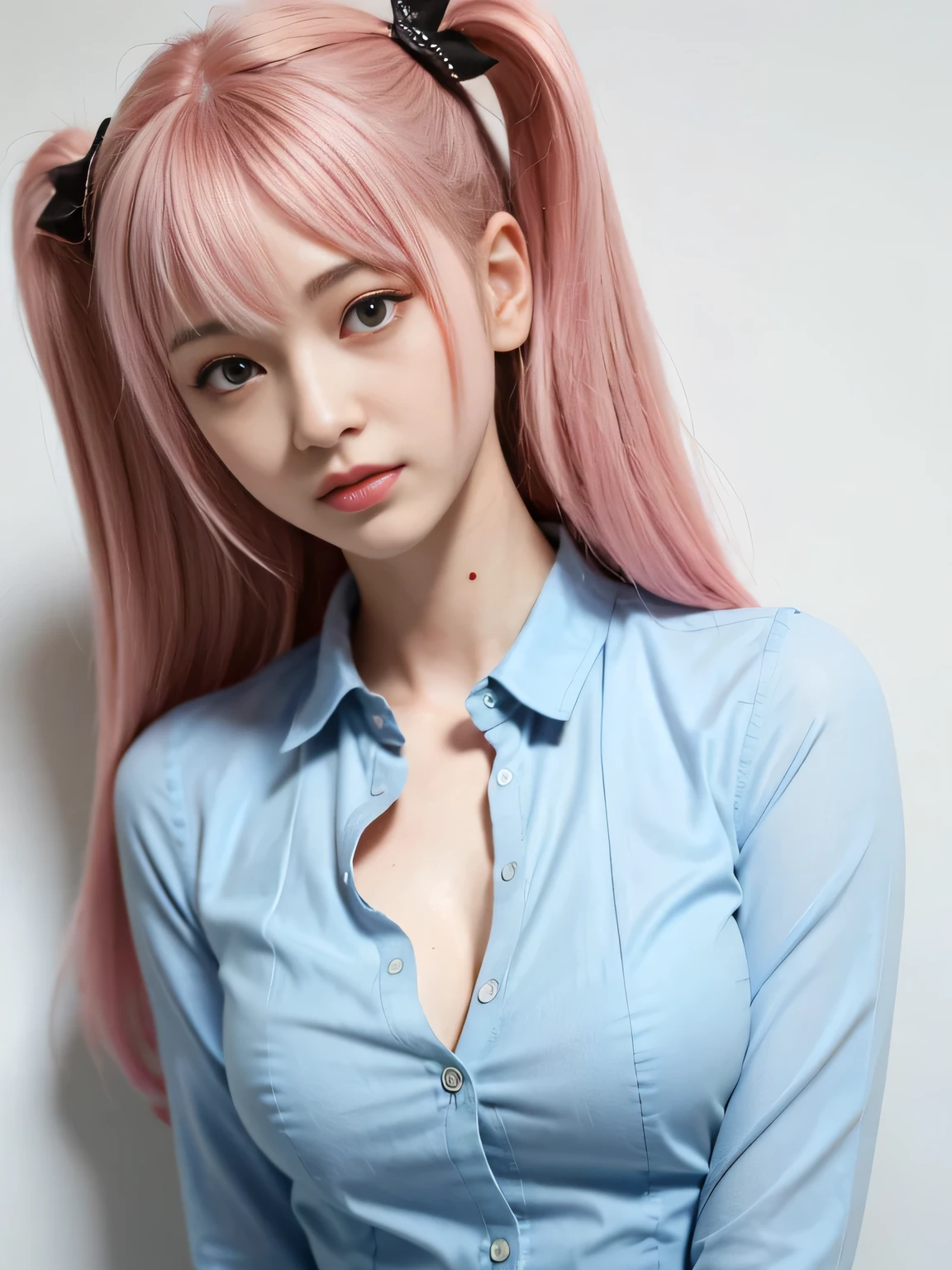 <lora:bremerton:1> bremerton, long hair, hair between eyes, grey hair, , pink hair, solo, hairclip, pink eyes, sidelocks, streaked hair, white shirt, cleavage, hair ornament,smile, looking at viewer, twintails, miniskirt, collarbone, black skirt, 1girl,collared shirt, school uniform, pleated skirt, necklace,trench coat, sleeves rolled up, large breasts, hair intakes