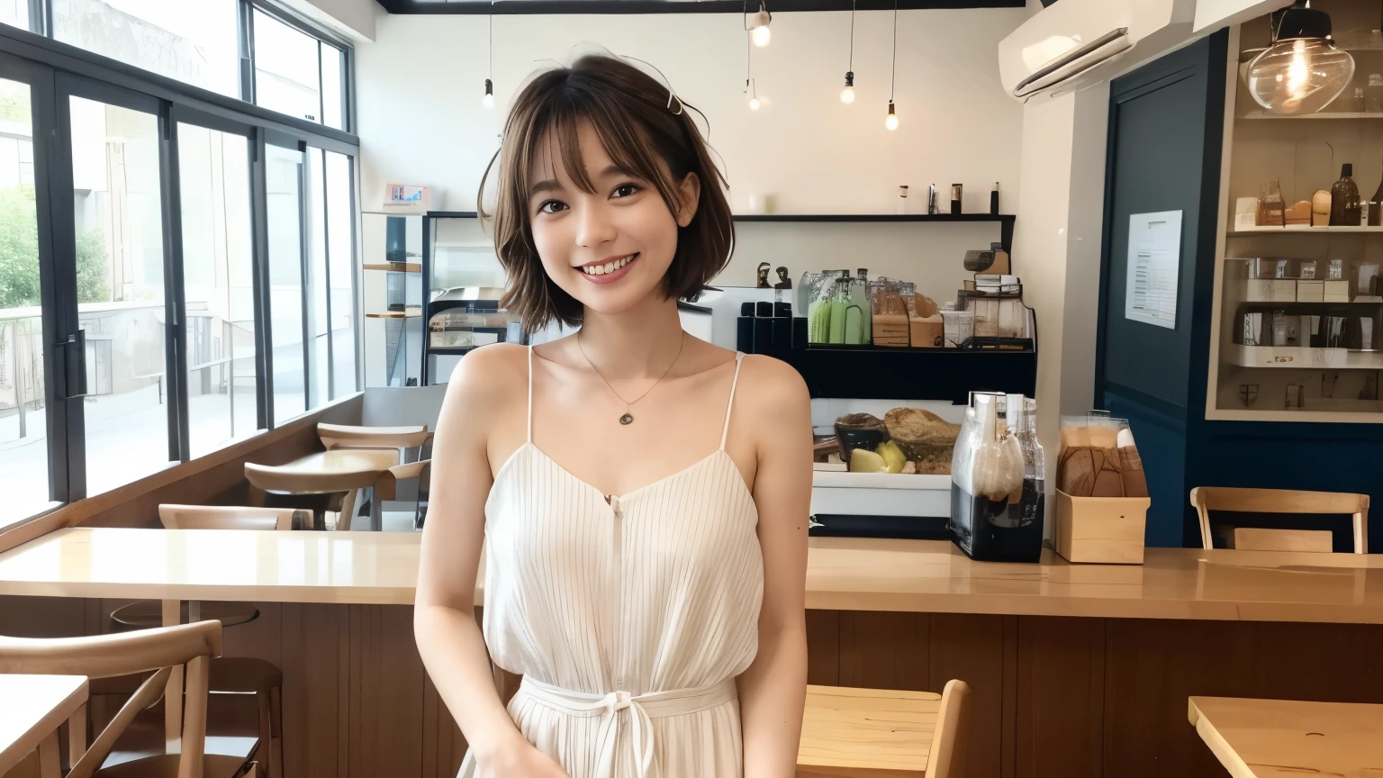 super high quality, Slenderのネックレス, Slender, The staff is working at the counter in the back., (8k、RAW Photos、Highest quality、masterpiece:1.2), Japanese Idol, Stylish café, Fashion magazine photoshoot, (Realistic、Photorealistic:1.37), Urban Cafe, Golden Ratio, Raw photo, Cute face , Light Brown Hair, Small breasts, Bright cafe interior, Blurred Background, Summer clothes, Cafe Terrace, Open Cafe, Photographed inside the cafe, A kind smile, Hair blowing in the wind, Neat clothes, boyish, Very Short Hair, 18-year-old, younger sister, Stylish clothes, 
