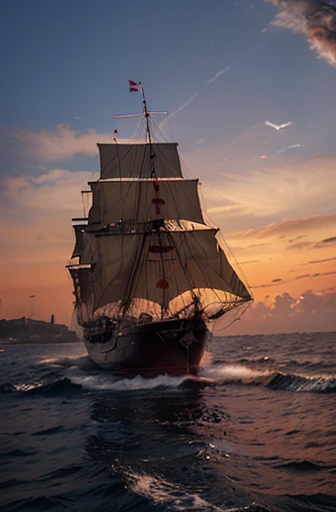A beautiful ship with scarlet sails sailing on the sea at sunrise, so that the light falls on the red sails