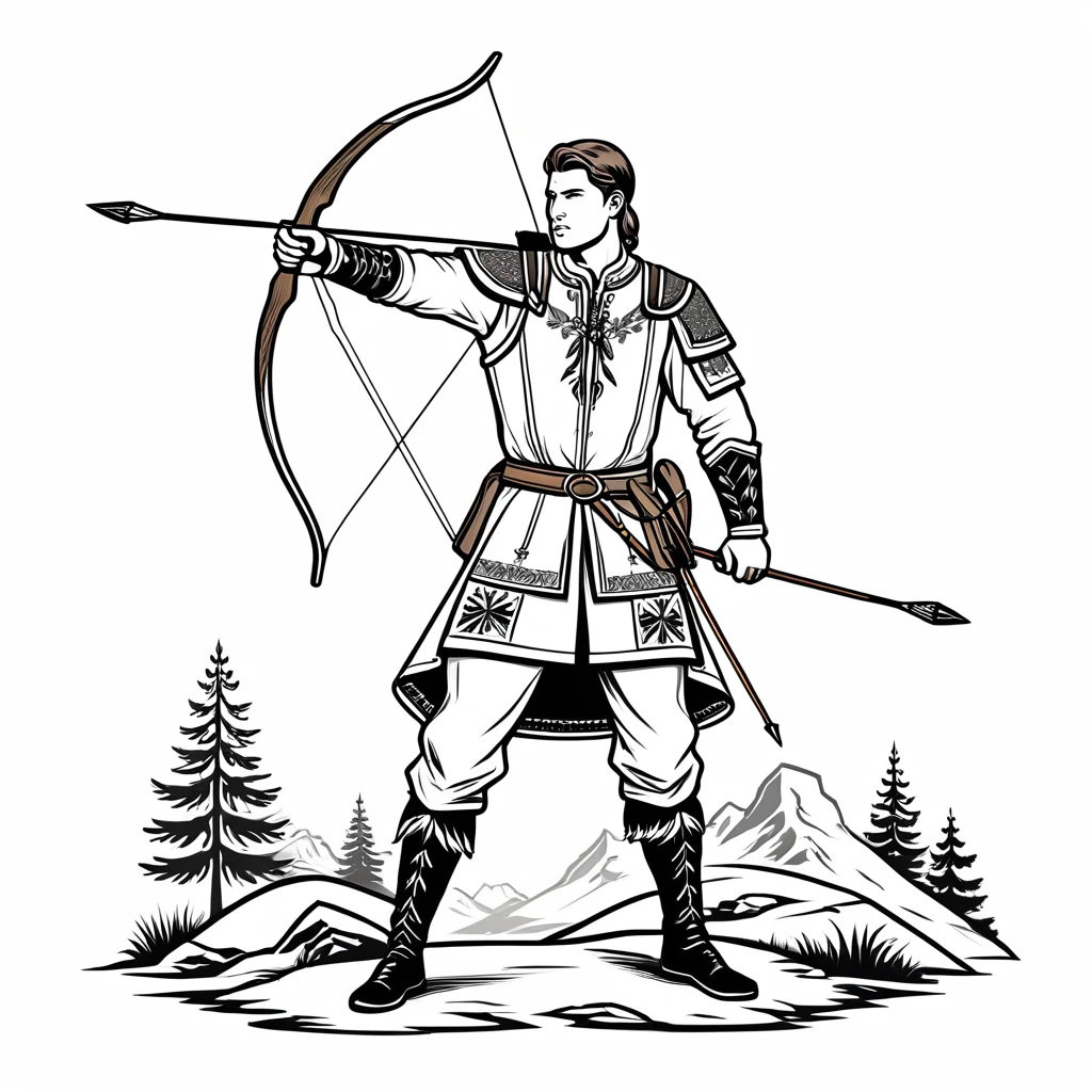 hungarian archer in nordic folk outfit, vector graphics, strong contours
