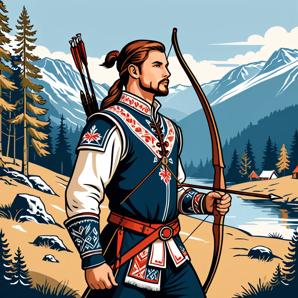 hungarian archer in nordic folk outfit, vector graphics, strong contours
