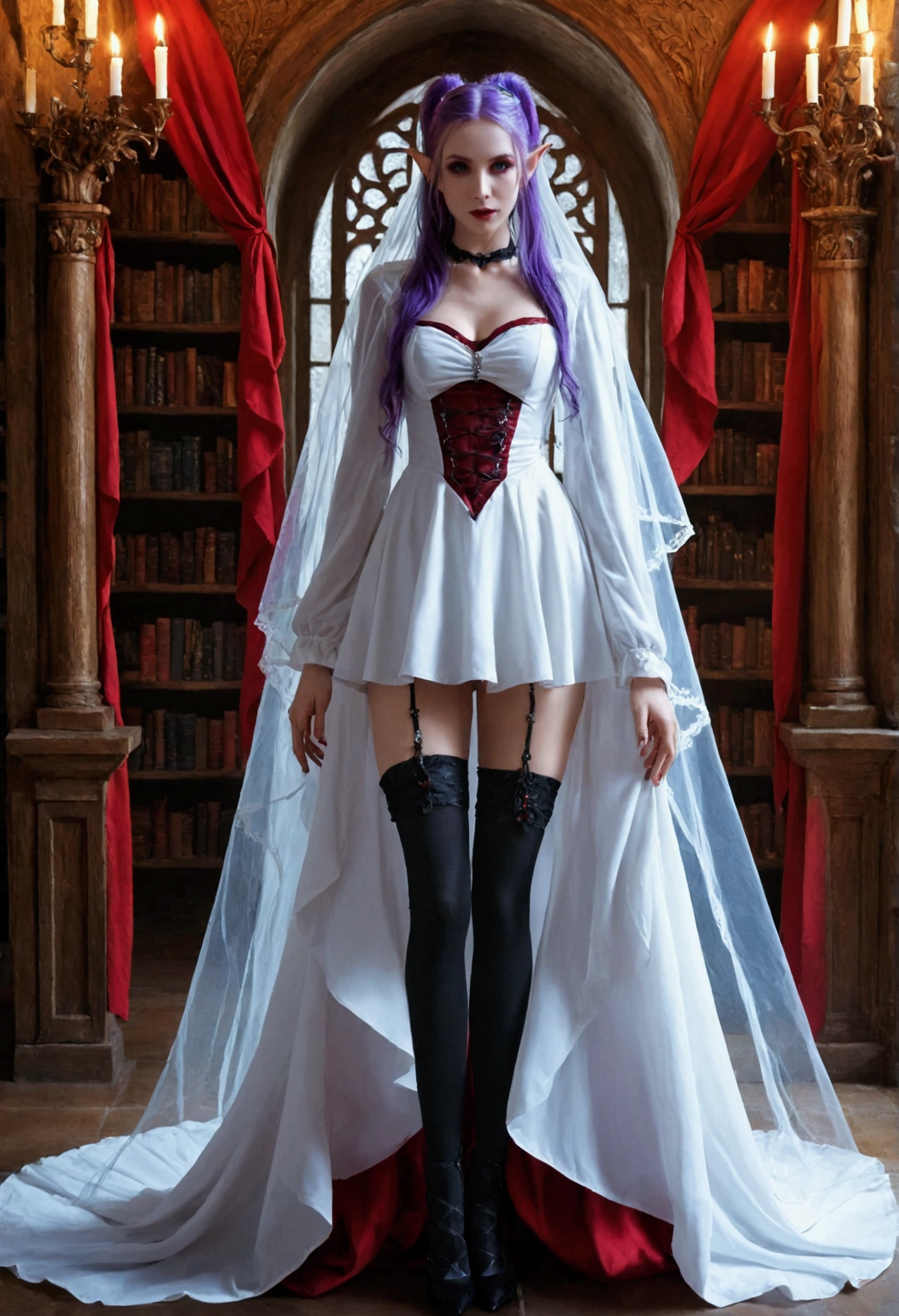 arafed a picture of elf vampire in her castle. an exquisite beautiful female elf vampire (ultra details, Masterpiece, best quality), full body, bloody mouth, purple hair, pale skin, hair in a ponytail, long hair, blue eyes, small pointed ears, cold eyes, smirking, wearing white dress (ultra details, Masterpiece, best quality), red cloak, wearing high heels, in dark fantasy library, book shelves, arafed high details, best quality, 16k, [ultra detailed], masterpiece, best quality, (ultra detailed), full body, ultra wide shot, photorealism, RAW, dark fantasy art, gothic art, wearing Haute_Couture designer dress, Dark Novel, Dark Art Painting Style, dripping blood, hud_s1n, short black dress, long sleeves, veil, thighhighs, digital painting