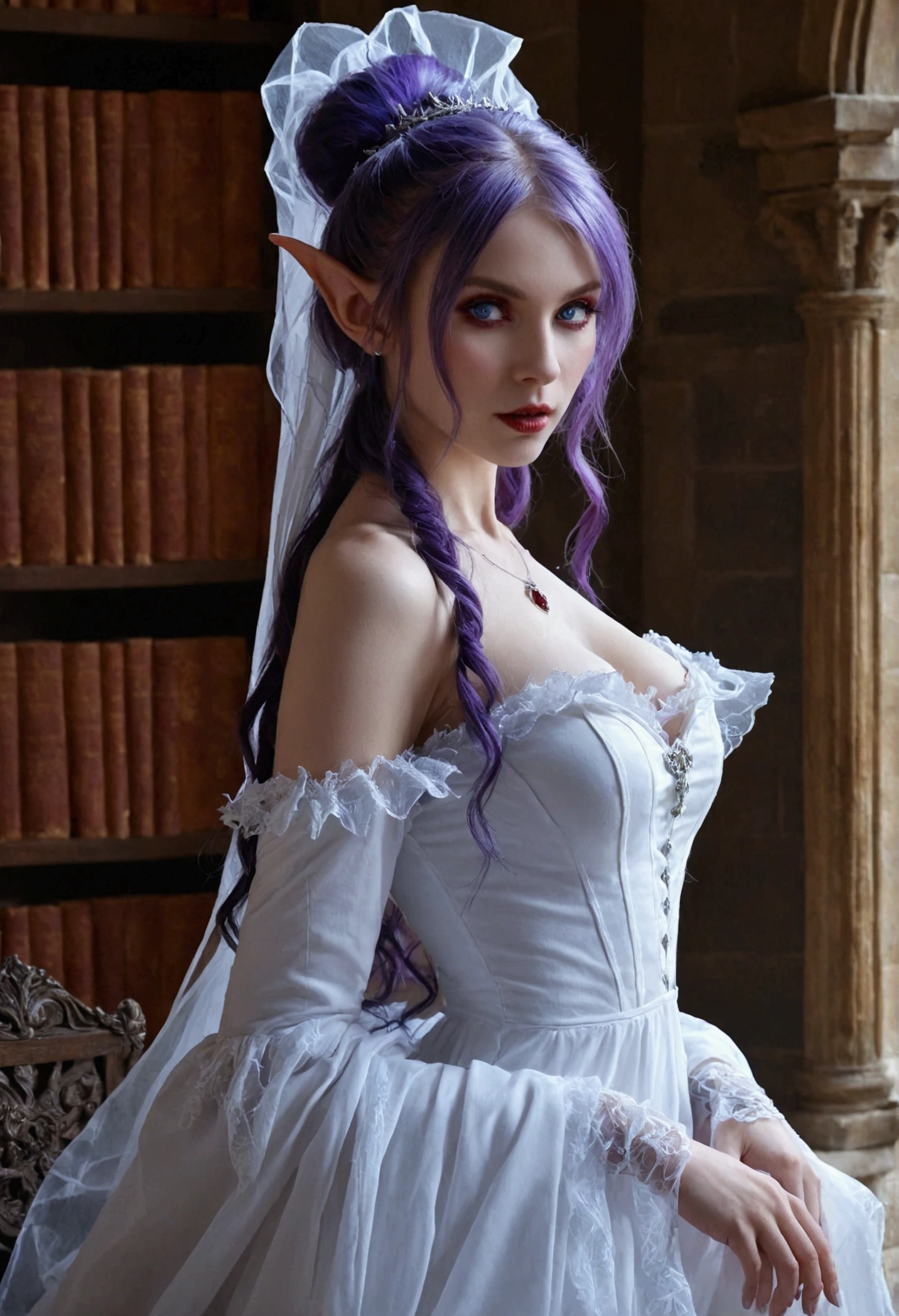 arafed a picture of elf vampire in her castle. an exquisite beautiful female elf vampire (ultra details, Masterpiece, best quality), full body, bloody mouth, purple hair, pale skin, hair in a ponytail, long hair, blue eyes, small pointed ears, cold eyes, smirking, wearing white dress (ultra details, Masterpiece, best quality), red cloak, wearing high heels, in dark fantasy library, book shelves, arafed high details, best quality, 16k, [ultra detailed], masterpiece, best quality, (ultra detailed), full body, ultra wide shot, photorealism, RAW, dark fantasy art, gothic art, wearing Haute_Couture designer dress, Dark Novel, Dark Art Painting Style, dripping blood, hud_s1n, short black dress, long sleeves, veil, thighhighs, digital painting