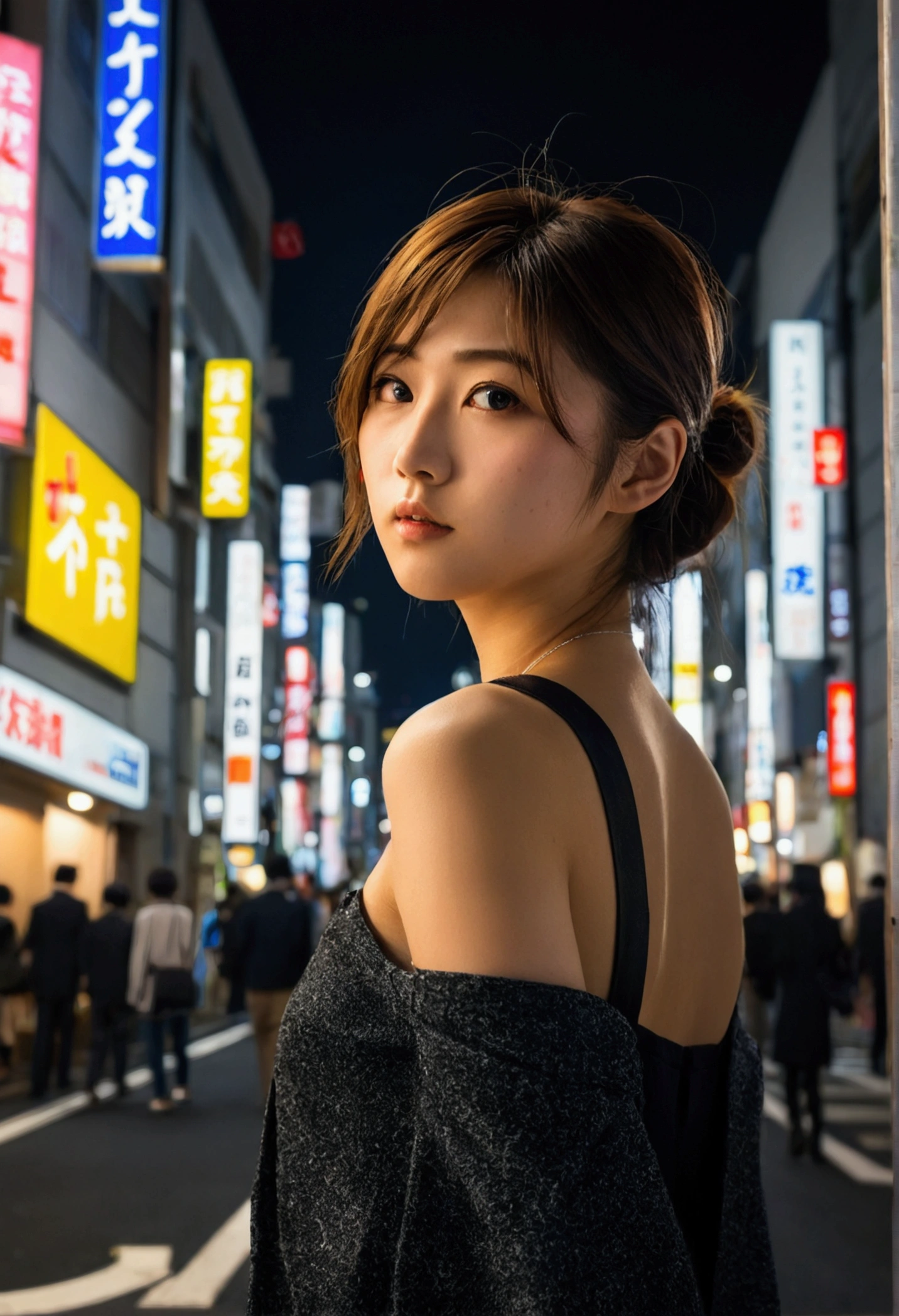 One girl, Tokyo Street,night, Cityscape,City lights, Upper Body,close, 8k, RAW Photos, Highest quality, masterpiece,Realistic, photo-Realistic,