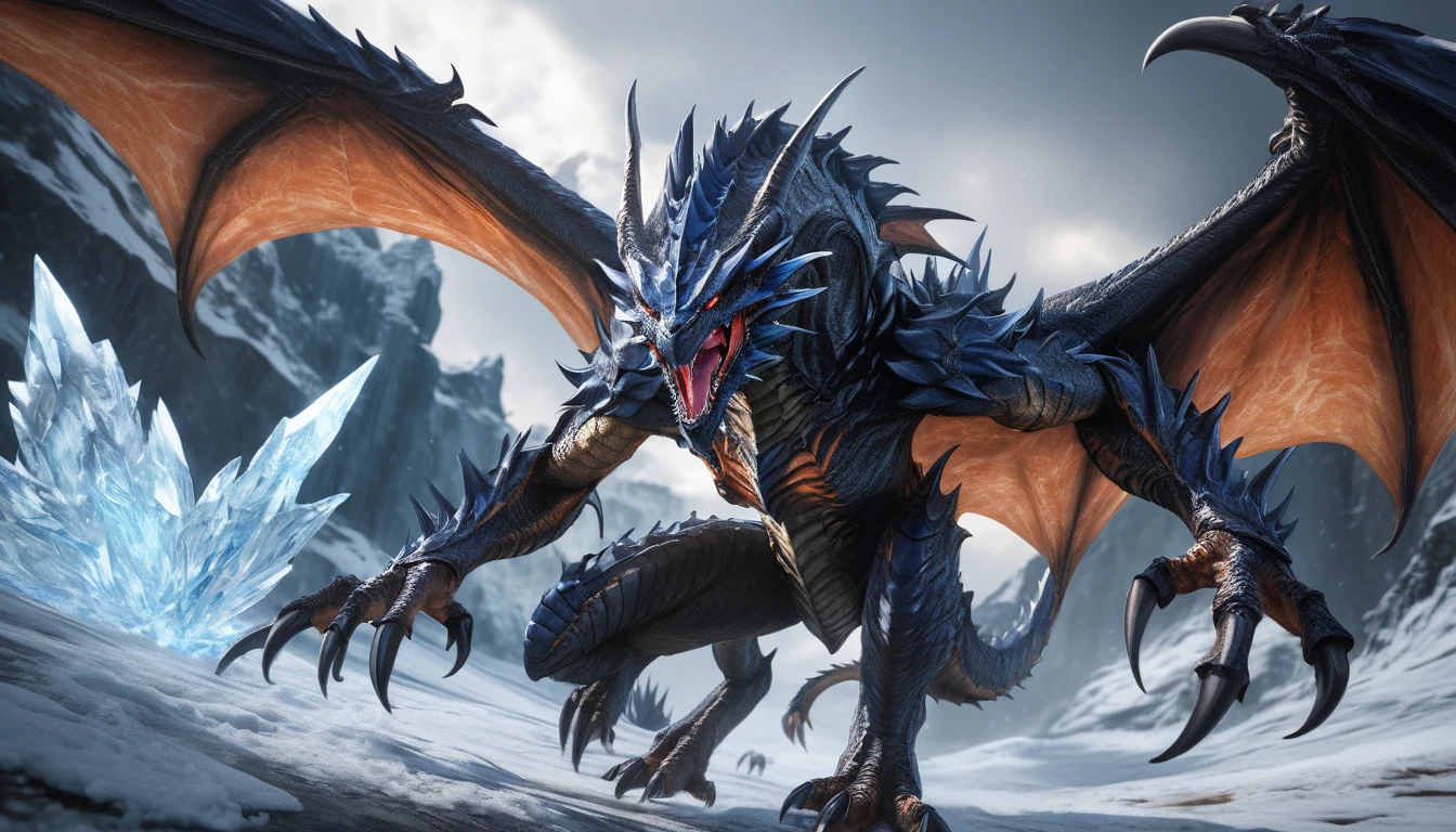 Realistic photos, RAW Photos, darkness Bahamut, attacks viewer, Powerful movements, jump on prey, ((Dynamic jump)), Sharp Claws, Bahamut approaching from above, sudden approach, Bad-tempered, dynamic Shot from grand, ice magic,High resolution, masterpiece, Highest quality, Intricate details, Very detailed, Clear focus,texture, Delicate eyes, Professional, 4K,Shallow and deep, Kodak Vision Color, Exactly, Very detailed, photograph_\(Extremist\), photographpractical, practical, Post-processing, Maximum details, Roughness, Real Life, Extremist practical, Photorealism, photographgraphy, 8K Ultra HD, photographgraphy