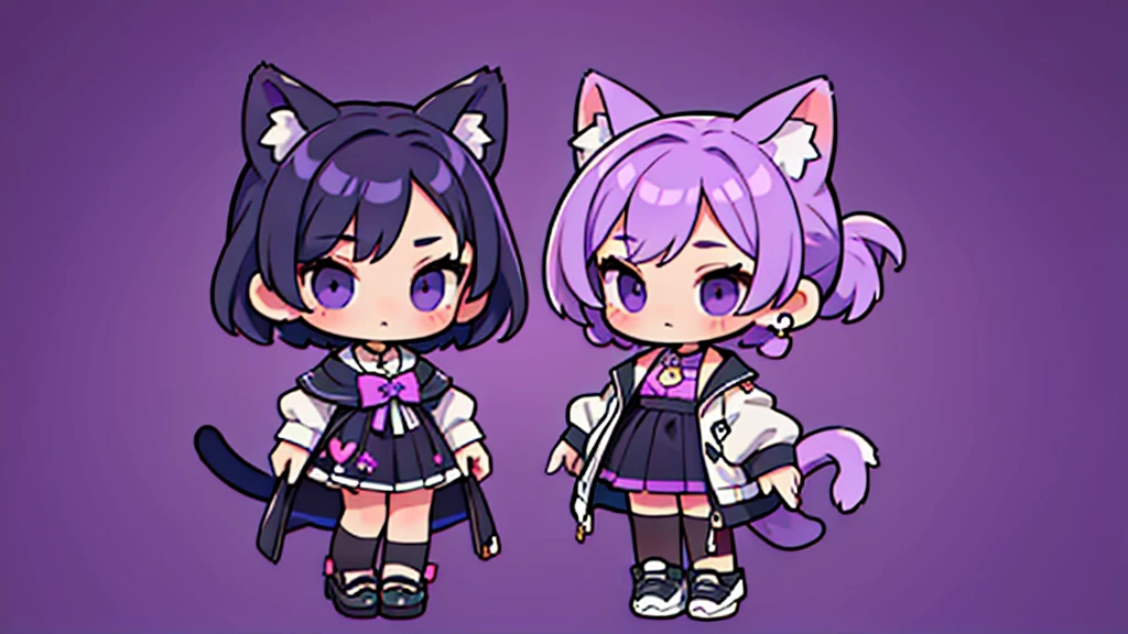 (Masterpiece,Highest quality),(Maximum details),2 girl(child,girl),purple short hair,black eyes,Wear a purple sweater,black skirt,full body image, กับ girl อยู่ ในชุดที่ต่างกัน,divided into two sides,Purple cat ears,purple cat tail,cat bell on neck