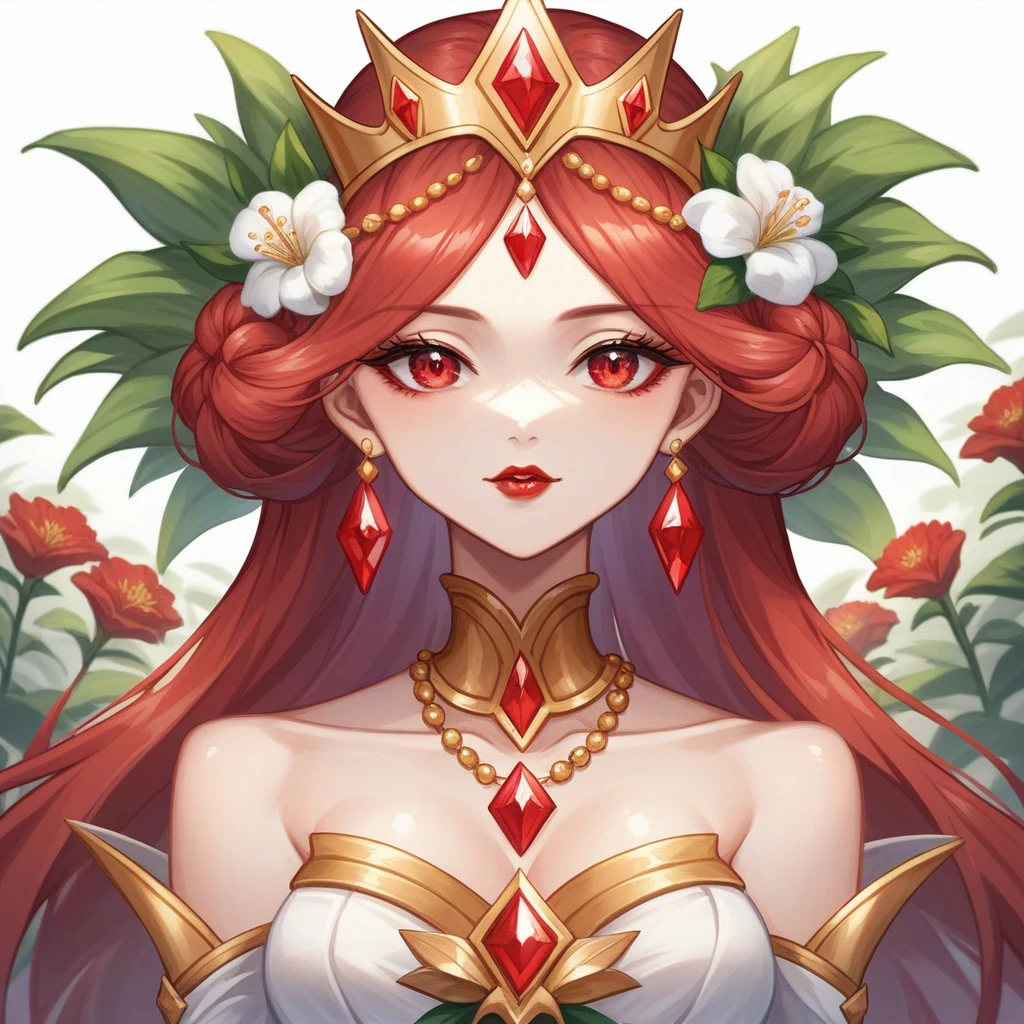 majapahit princess, with red hair, red eyes, wearing golden crown with red diamond and jasmine flower, wearing gold necklace with red diamond and flower, wearing pinkish purple kebaya with flower motive and gold, wearing white selendang, wearing brown batik dress with gold, super pretty face, red lips, beautiful eyes, hd, 4k