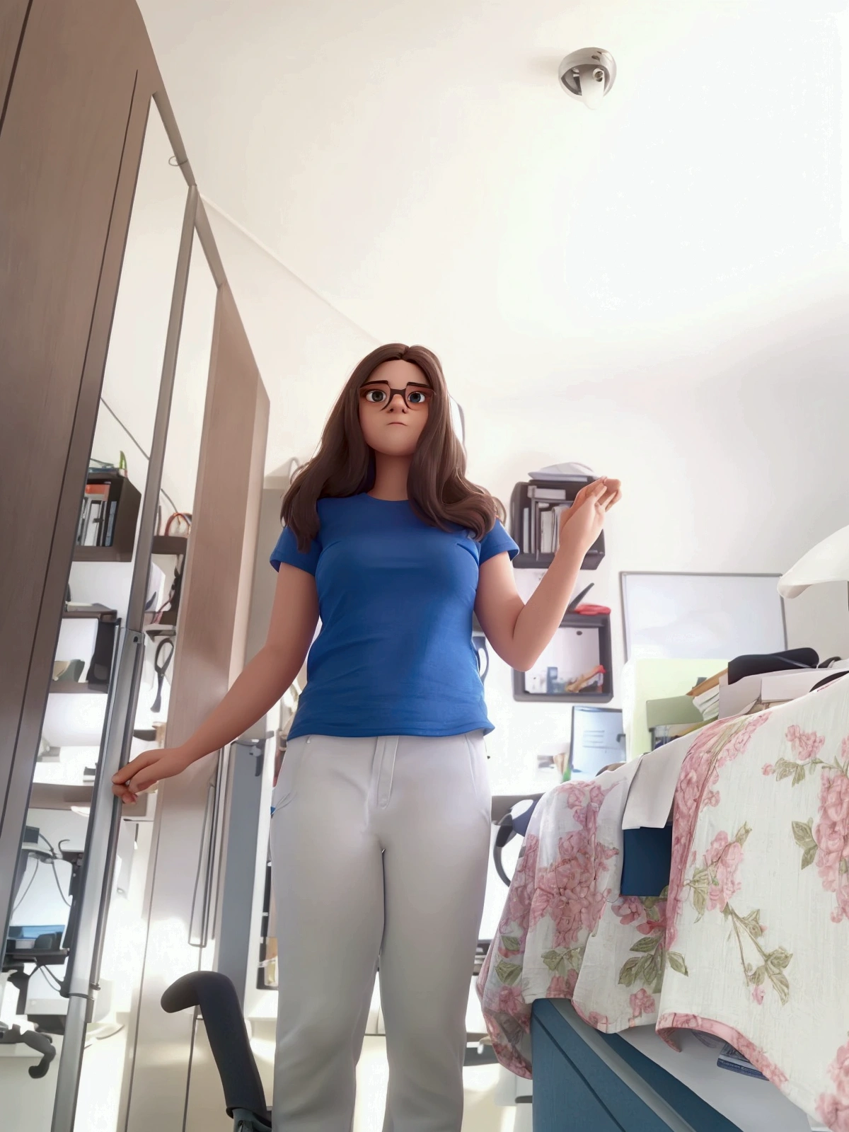 Woman, 19 years old, wearing glasses, a blue t-shirt, and white pants, with loose dark hair, standing in an office.