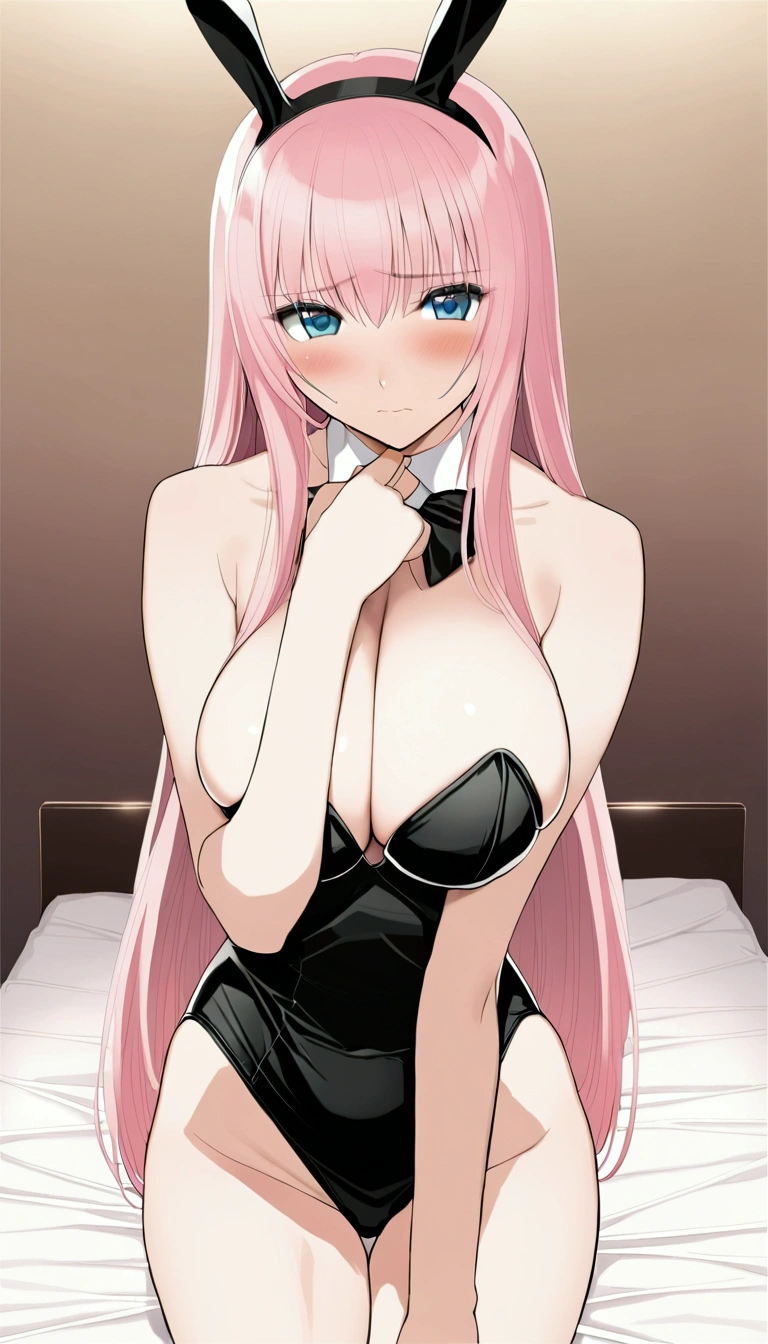 Masterpiece,Beautiful adult woman ,Megurine Luka,Big Breasts,Bunny girl,Black costume,Pink long hair,blue eyes,Embarrassed expression,blush,Sexy々A pose,Bedroom,Complete human body