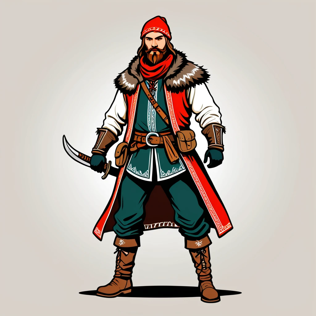 hungarian rogue in nordic folk outfit, vector graphics, strong contours