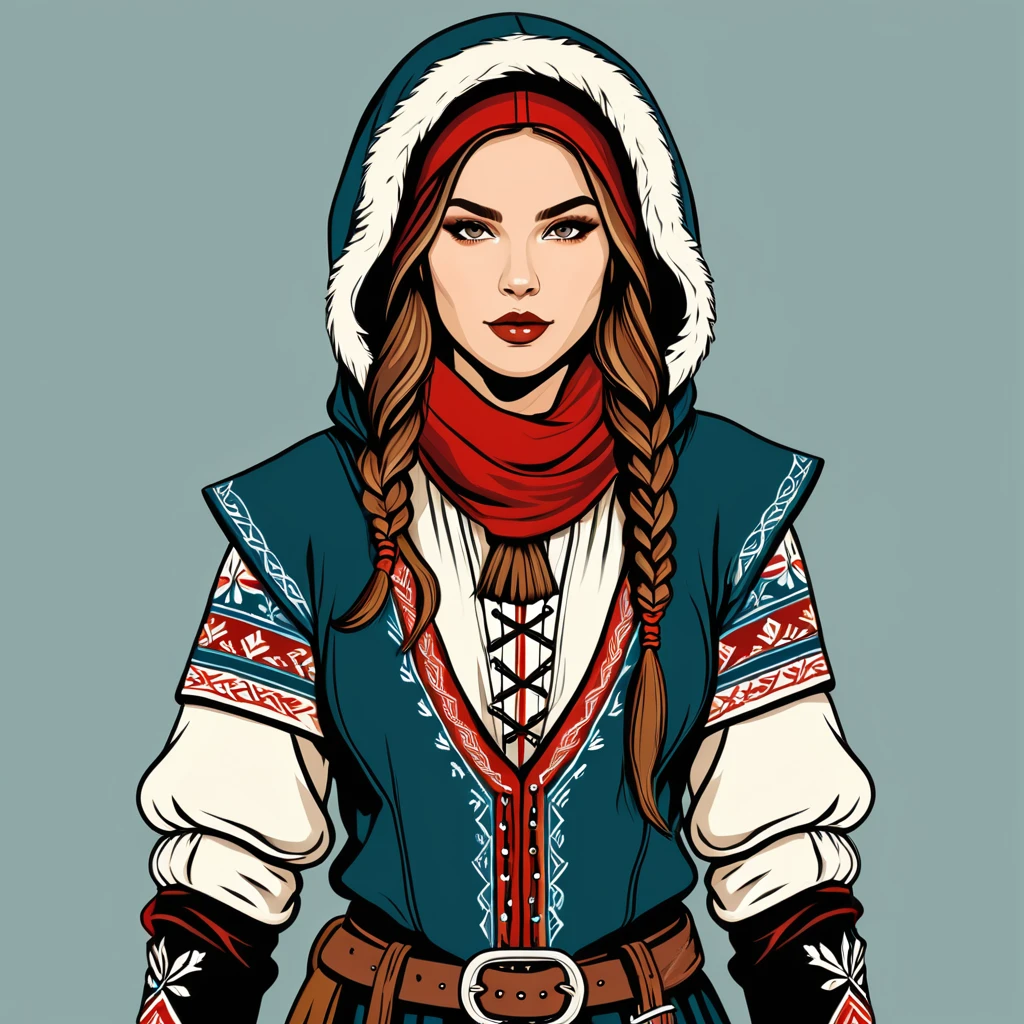 hungarian rogue in nordic folk outfit, vector graphics, strong contours